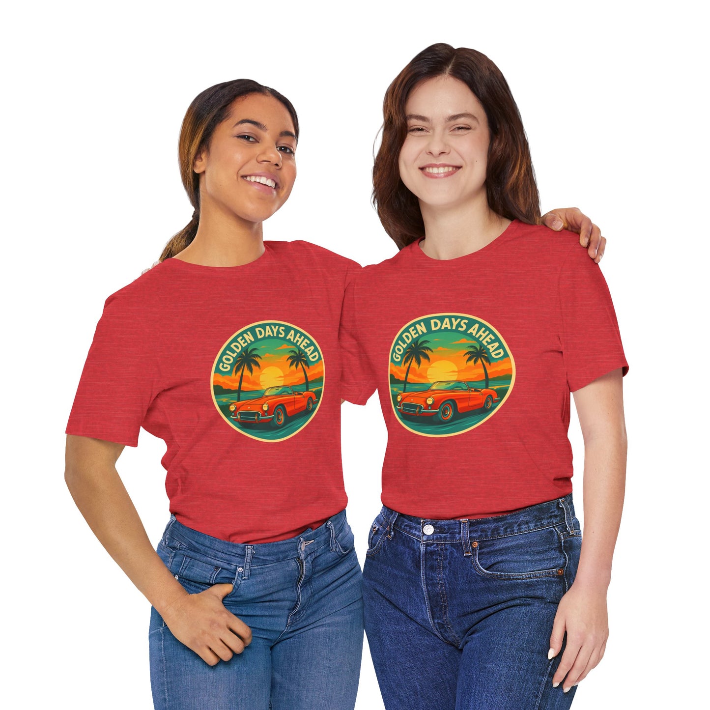Golden Days Ahead Retro Convertible T-Shirt, Vintage Classic Car Graphic Tee, Sunset Beach Palm Trees - Unisex Jersey Short Sleeve Tee,
