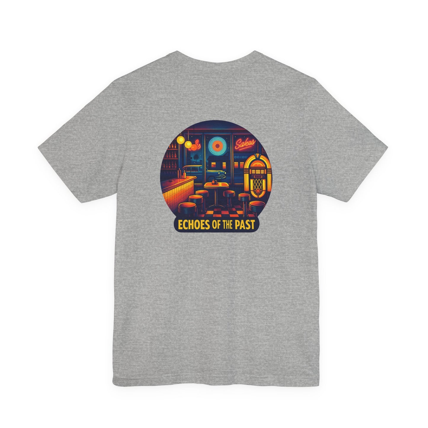 Echoes of the Past Retro Diner T-Shirt – Bella Canvas 3001 Unisex Vintage 80s Jukebox Neon Graphic Tee