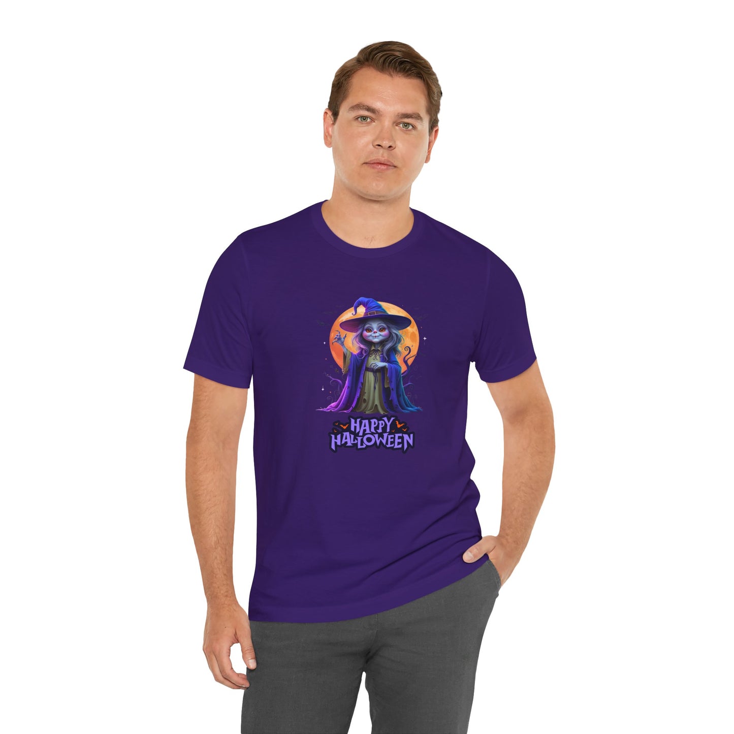 Happy Halloween Witch Shirt – Spooky Full Moon Graphic Tee – Bella Canvas 3001 – Unisex Halloween T-Shirt for Women Men
