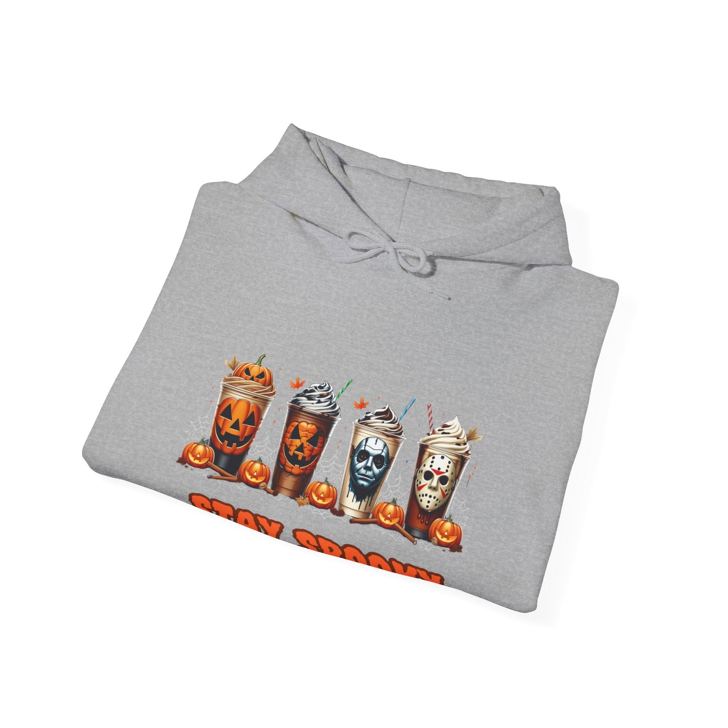 Stay Spooky Halloween Horror Hoodie – Pumpkin Skull Coffee Cup Graphic – Michael Myers Jason Inspired – Gildan 18500 Unisex Pullover