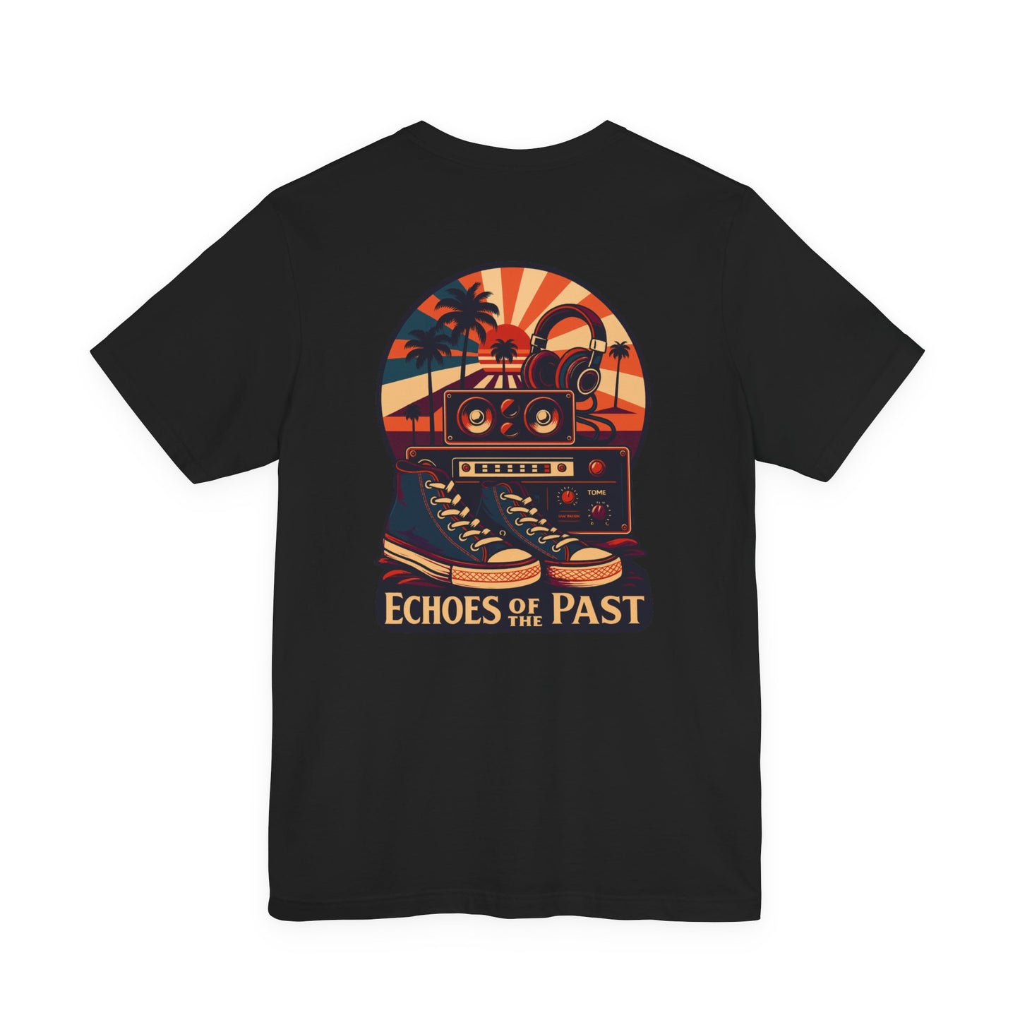 Echoes of the Past Retro Sunset T-Shirt – Bella Canvas 3001 Unisex Vintage 80s Palm Tree Music Graphic Tee