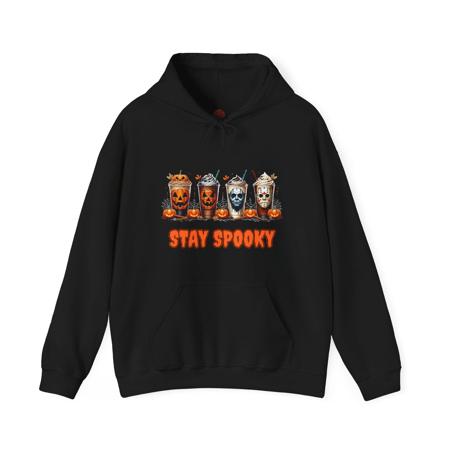 Stay Spooky Halloween Horror Hoodie – Pumpkin Skull Coffee Cup Graphic – Michael Myers Jason Inspired – Gildan 18500 Unisex Pullover