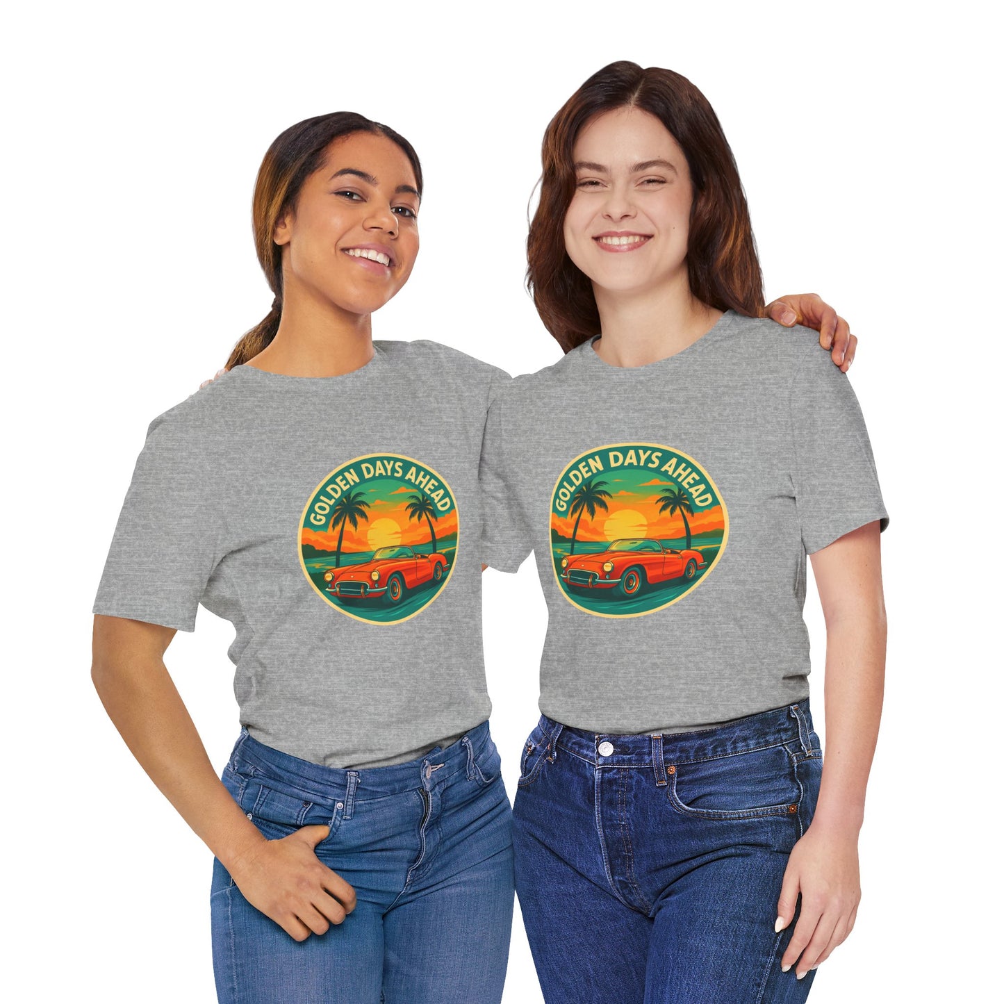 Golden Days Ahead Retro Convertible T-Shirt, Vintage Classic Car Graphic Tee, Sunset Beach Palm Trees - Unisex Jersey Short Sleeve Tee,