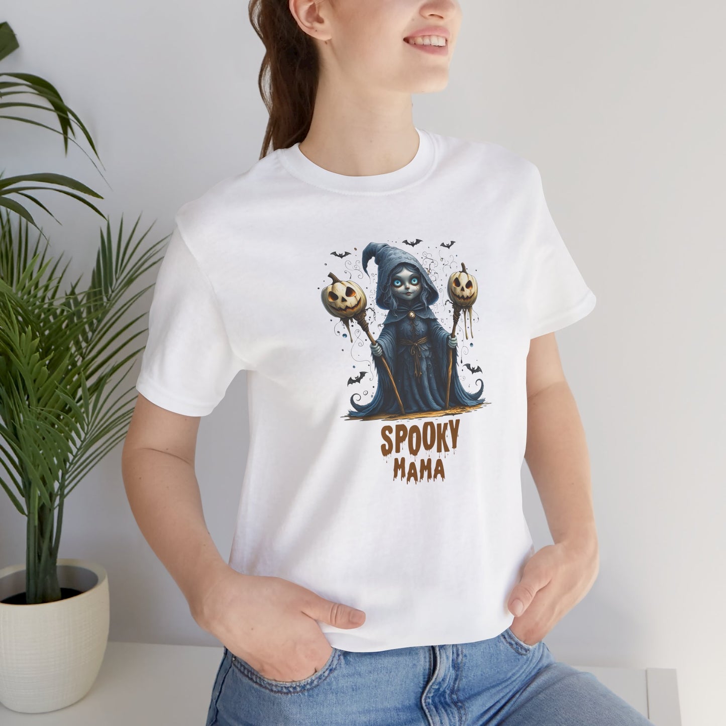 Spooky Mama Halloween Shirt – Gothic Witch Pumpkin Graphic Tee – Bella Canvas 3001 – Cute Halloween T-Shirt for Women