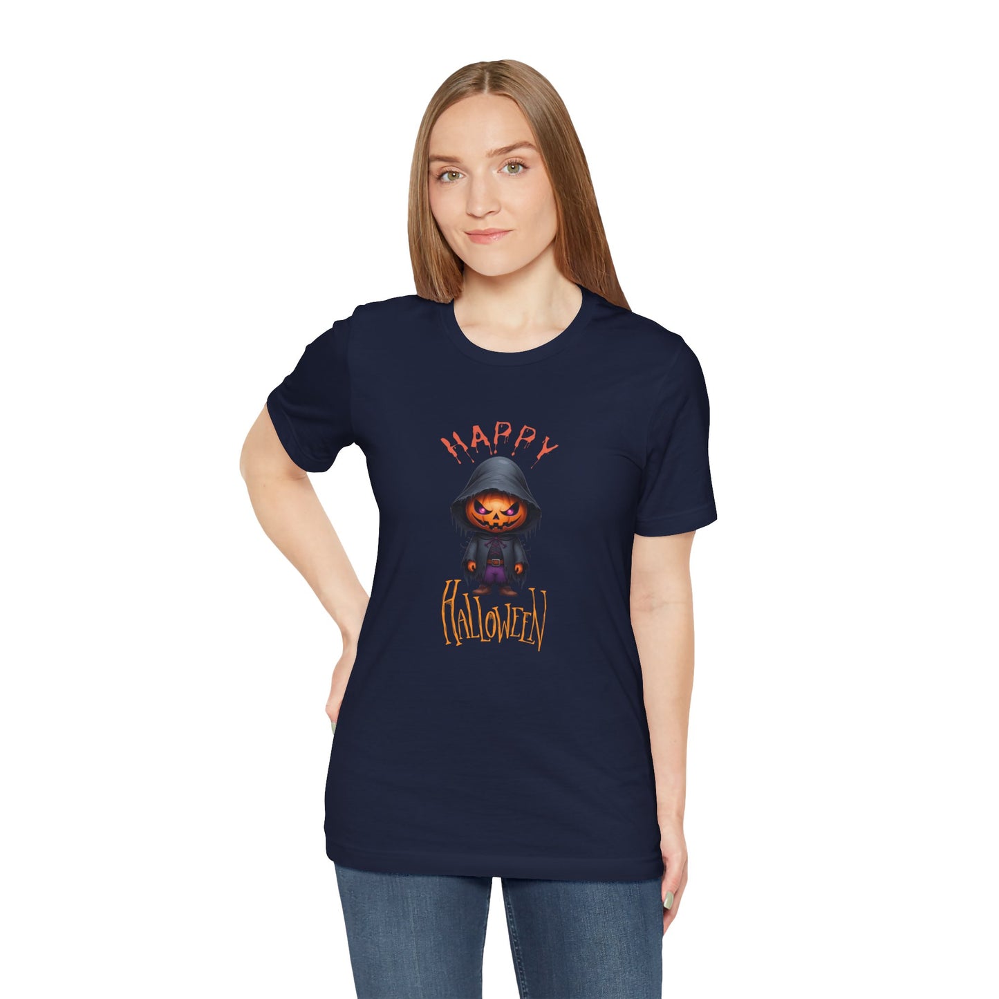 Happy Halloween Pumpkin Head Shirt – Spooky Jack O’Lantern Graphic Tee – Bella Canvas 3001 Unisex T-Shirt