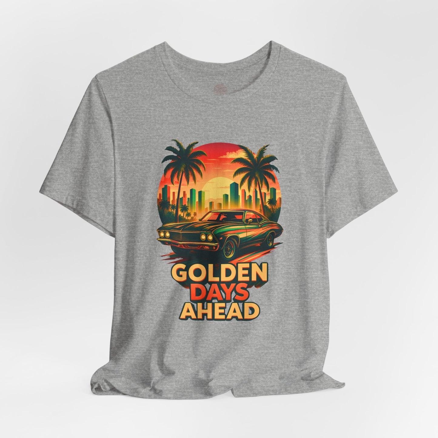 Retro Sunset Muscle Car T-Shirt, Vintage Skyline Graphic Tee, Unisex Jersey Tee, Golden Days Ahead Shirt, Bella Canvas 3001