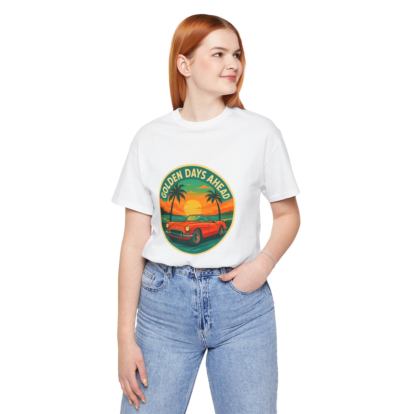 Golden Days Ahead Retro Convertible T-Shirt, Vintage Classic Car Graphic Tee, Sunset Beach Palm Trees - Unisex Jersey Short Sleeve Tee,