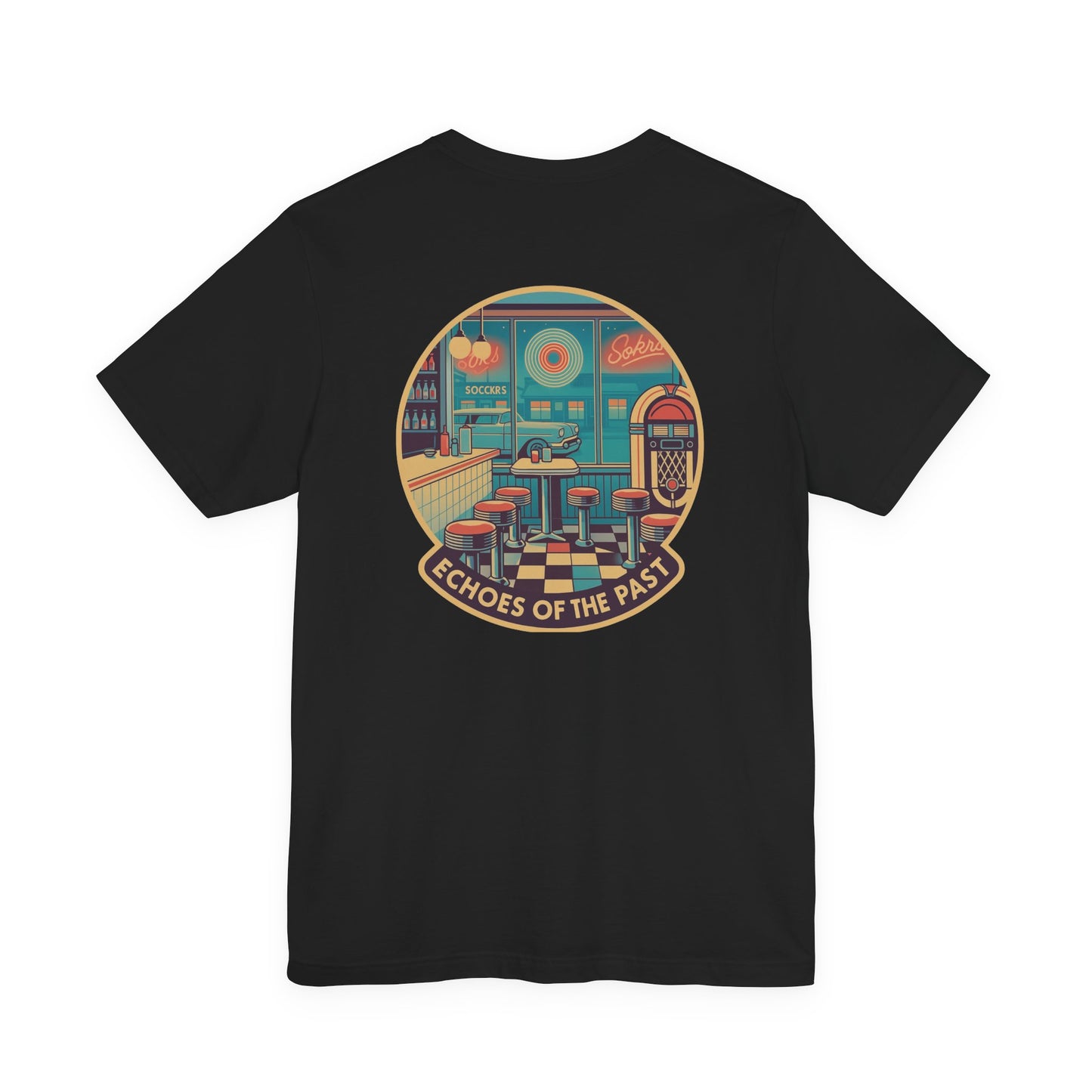 Echoes of the Past Retro Diner T-Shirt – Bella Canvas 3001 Unisex Vintage 80s Jukebox Neon Graphic Tee