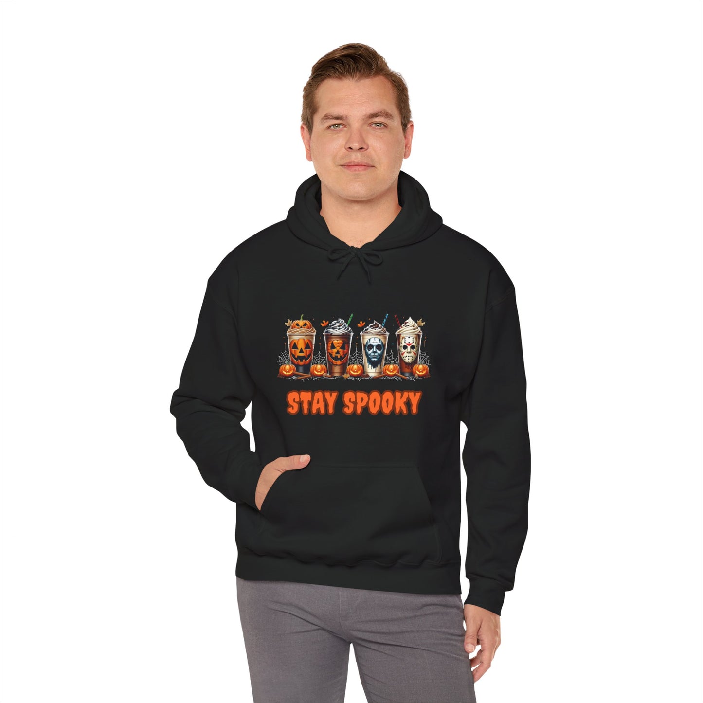 Stay Spooky Halloween Horror Hoodie – Pumpkin Skull Coffee Cup Graphic – Michael Myers Jason Inspired – Gildan 18500 Unisex Pullover