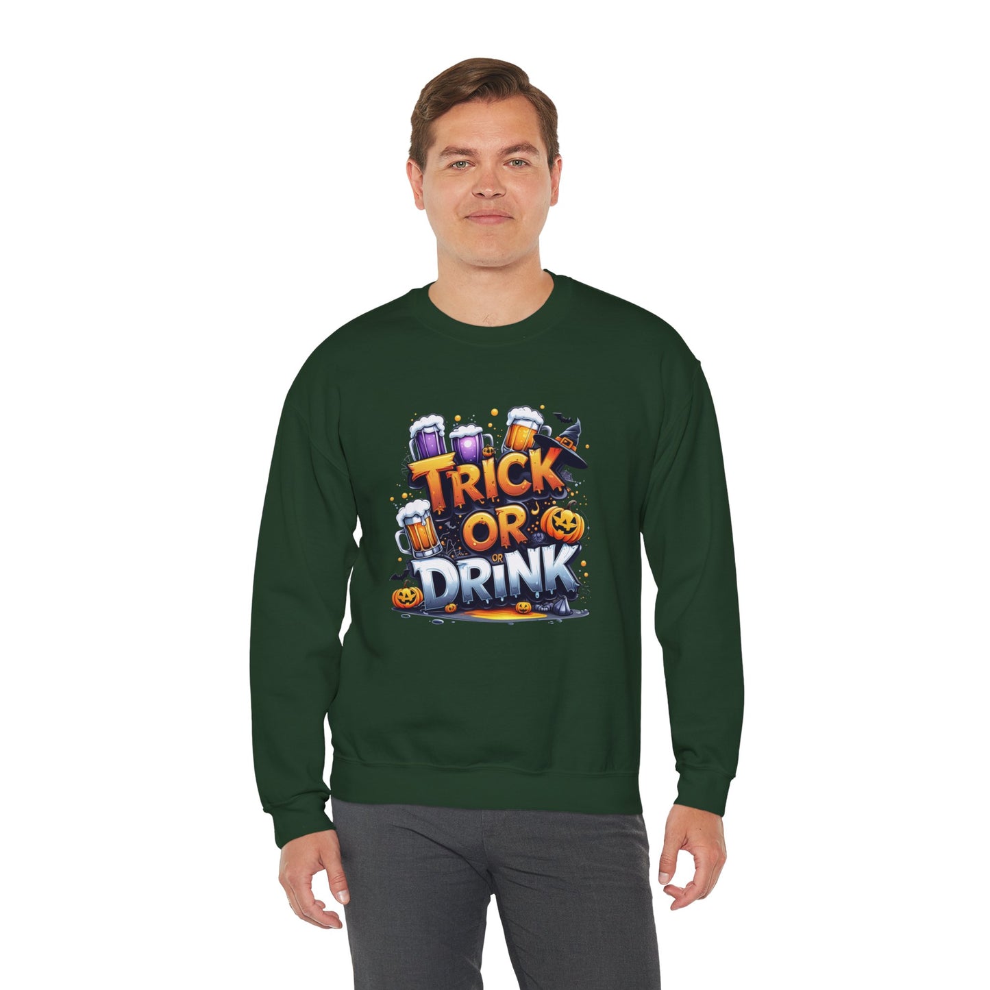 "Trick or Drink Halloween Sweatshirt – Unisex Cozy Crewneck, Spooky Season Fall Outfit, Funny Party Gift"