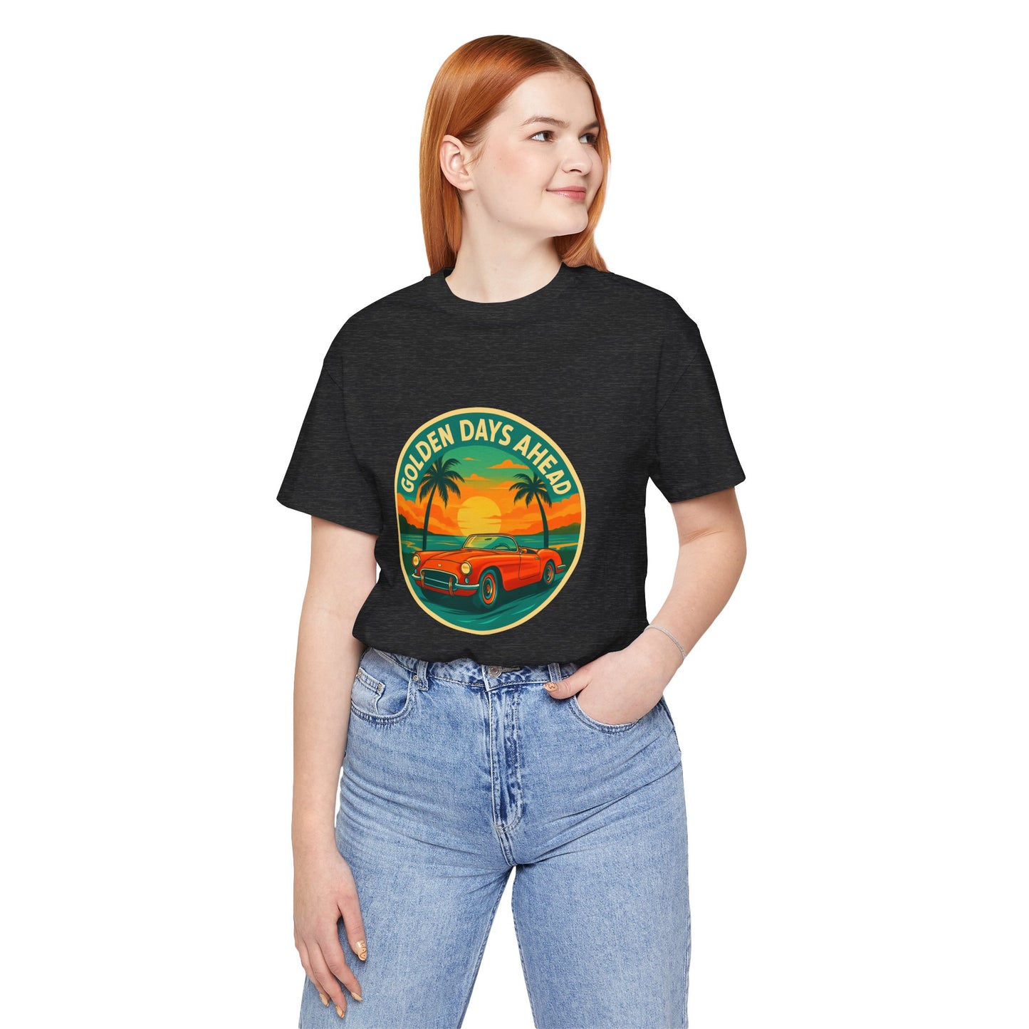Golden Days Ahead Retro Convertible T-Shirt, Vintage Classic Car Graphic Tee, Sunset Beach Palm Trees - Unisex Jersey Short Sleeve Tee,
