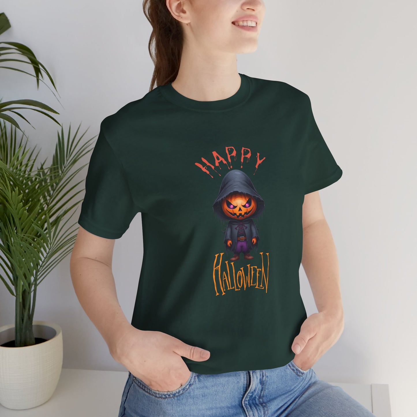 Happy Halloween Pumpkin Head Shirt – Spooky Jack O’Lantern Graphic Tee – Bella Canvas 3001 Unisex T-Shirt