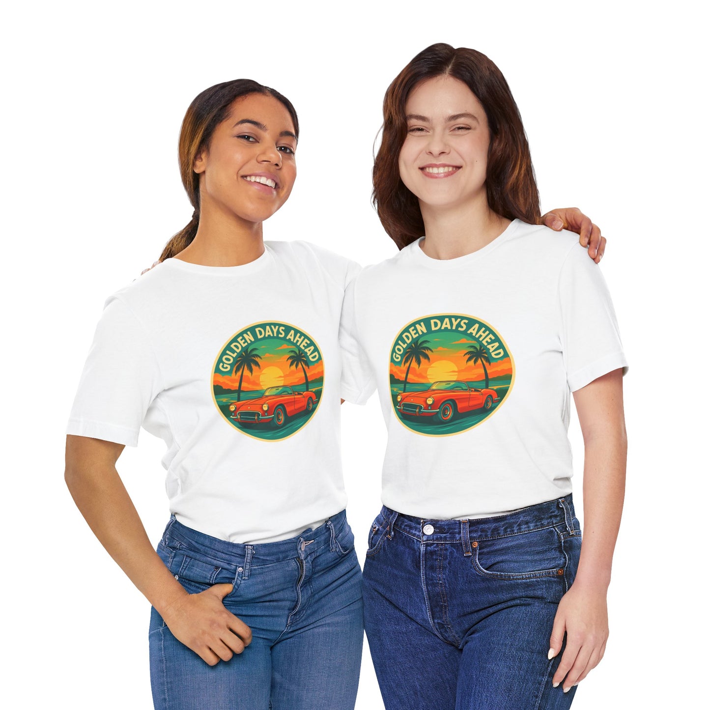Golden Days Ahead Retro Convertible T-Shirt, Vintage Classic Car Graphic Tee, Sunset Beach Palm Trees - Unisex Jersey Short Sleeve Tee,