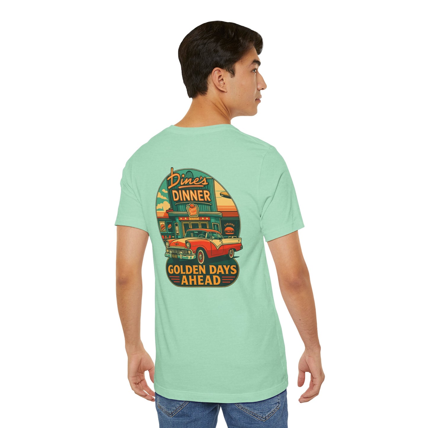 Golden Days Ahead Retro Diner T-Shirt, Vintage 50s Classic Car Graphic Tee, American Dinner Drive-In Style, Bella Canvas 3001 Unisex Shirt