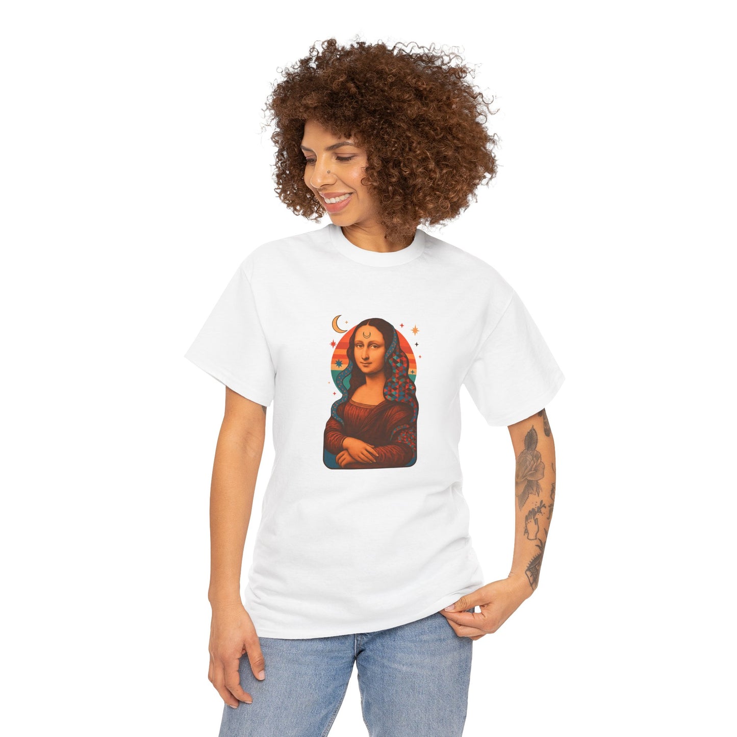Psychedelic Mona Lisa Gildan 5000 Shirt - Trippy Retro Art Graphic Tee, Colorful Geometric Celestial Design, Vintage Aesthetic T-Shirt