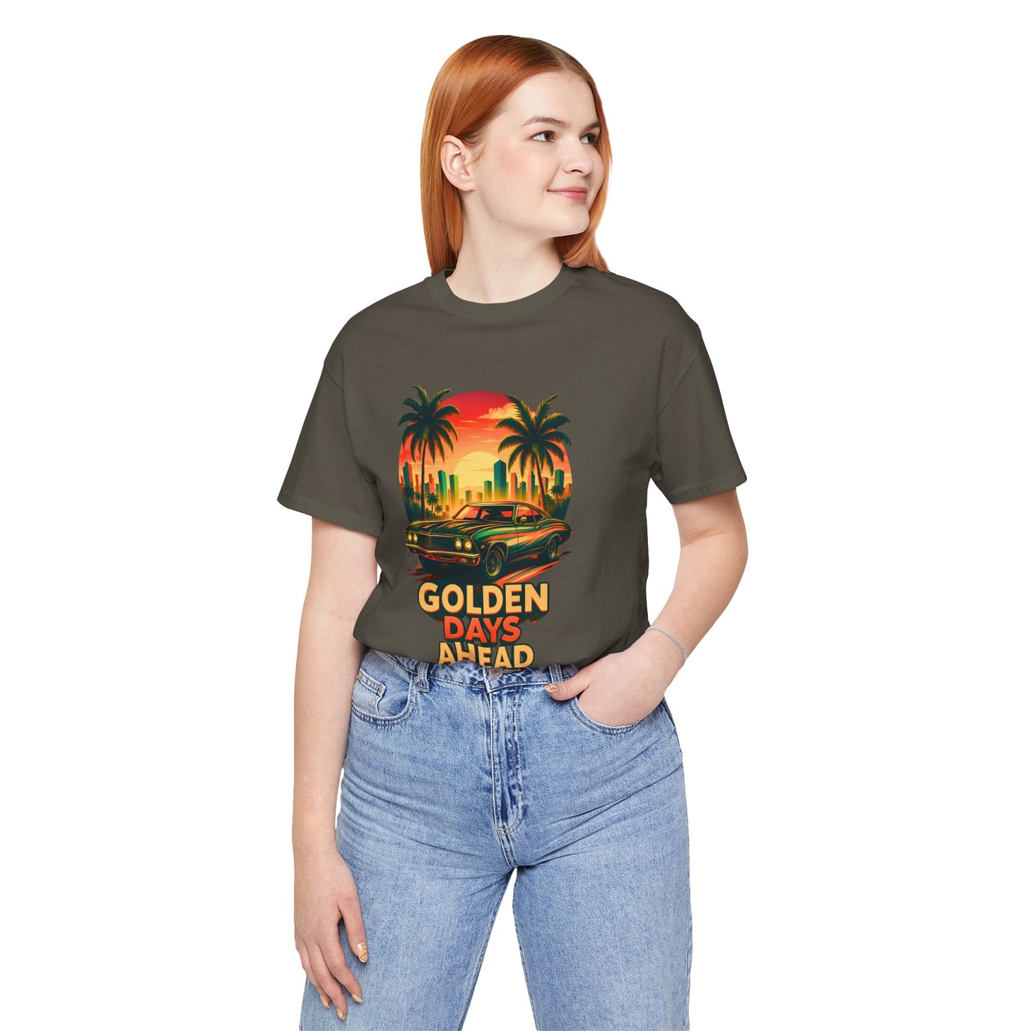 Retro Sunset Muscle Car T-Shirt, Vintage Skyline Graphic Tee, Unisex Jersey Tee, Golden Days Ahead Shirt, Bella Canvas 3001