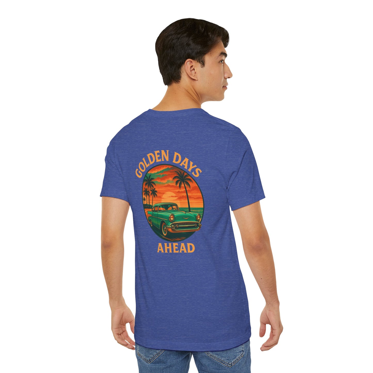 Golden Days Ahead Retro Car T-Shirt, Vintage Classic 50s Tee, Coastal Sunset Palm Trees, Unisex Jersey Shirt, Bella Canvas 3001, Men Women,