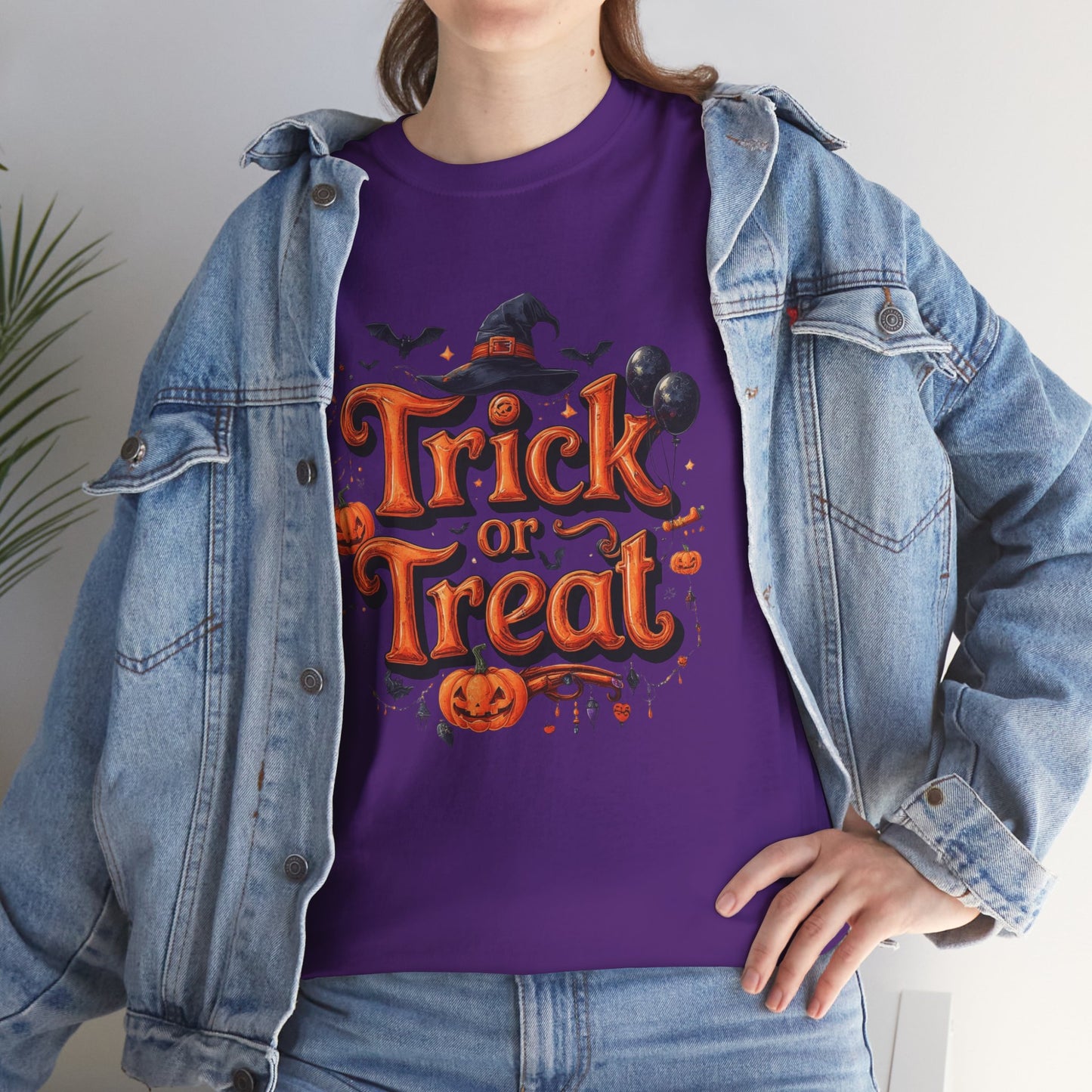 Trick or Treat Halloween Shirt | Spooky Pumpkin Witch Hat Graphic Tee | Funny Unisex Costume T-Shirt | Cute Halloween Party Top