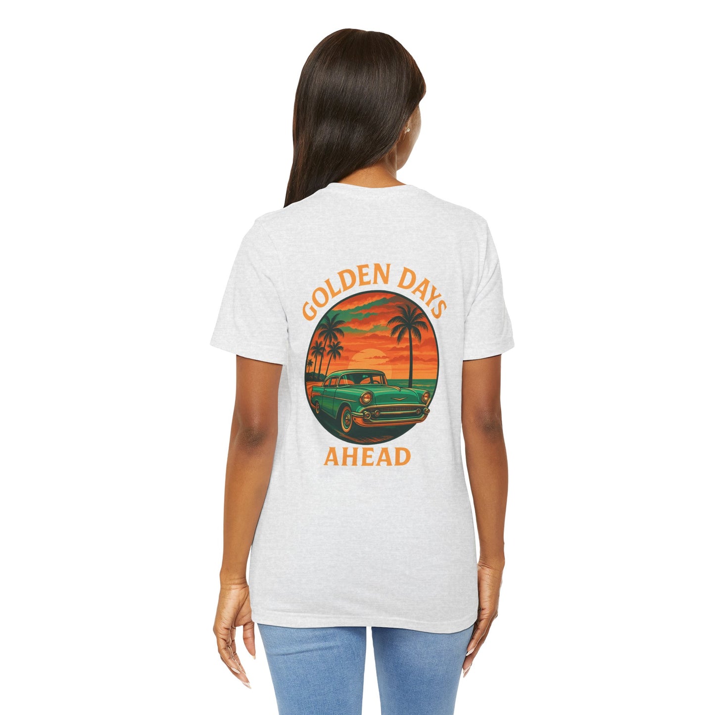 Golden Days Ahead Retro Car T-Shirt, Vintage Classic 50s Tee, Coastal Sunset Palm Trees, Unisex Jersey Shirt, Bella Canvas 3001, Men Women,