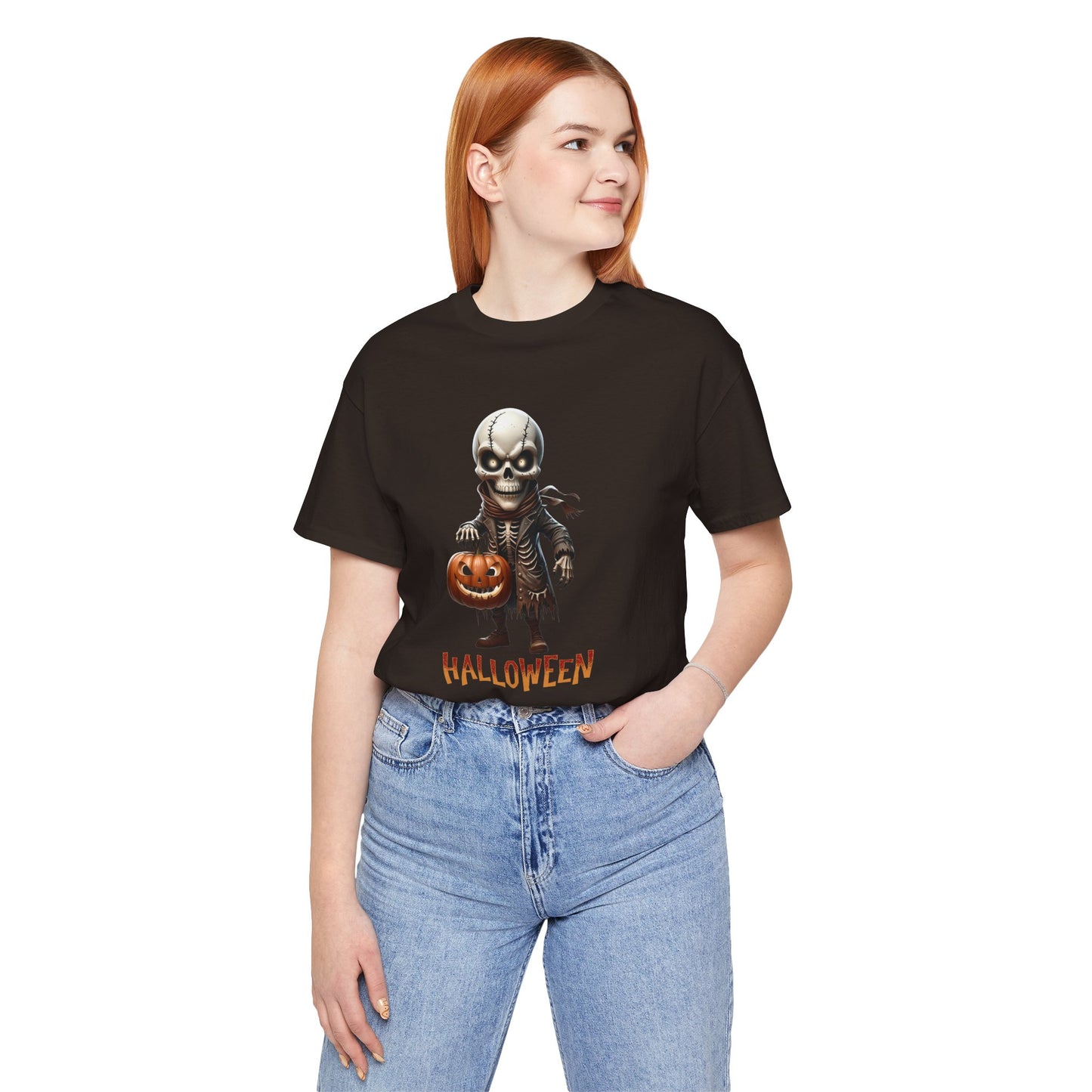 Halloween Skeleton Shirt – Spooky Pumpkin Graphic Tee – Bella Canvas 3001 – Unisex Gothic Horror Costume T-Shirt
