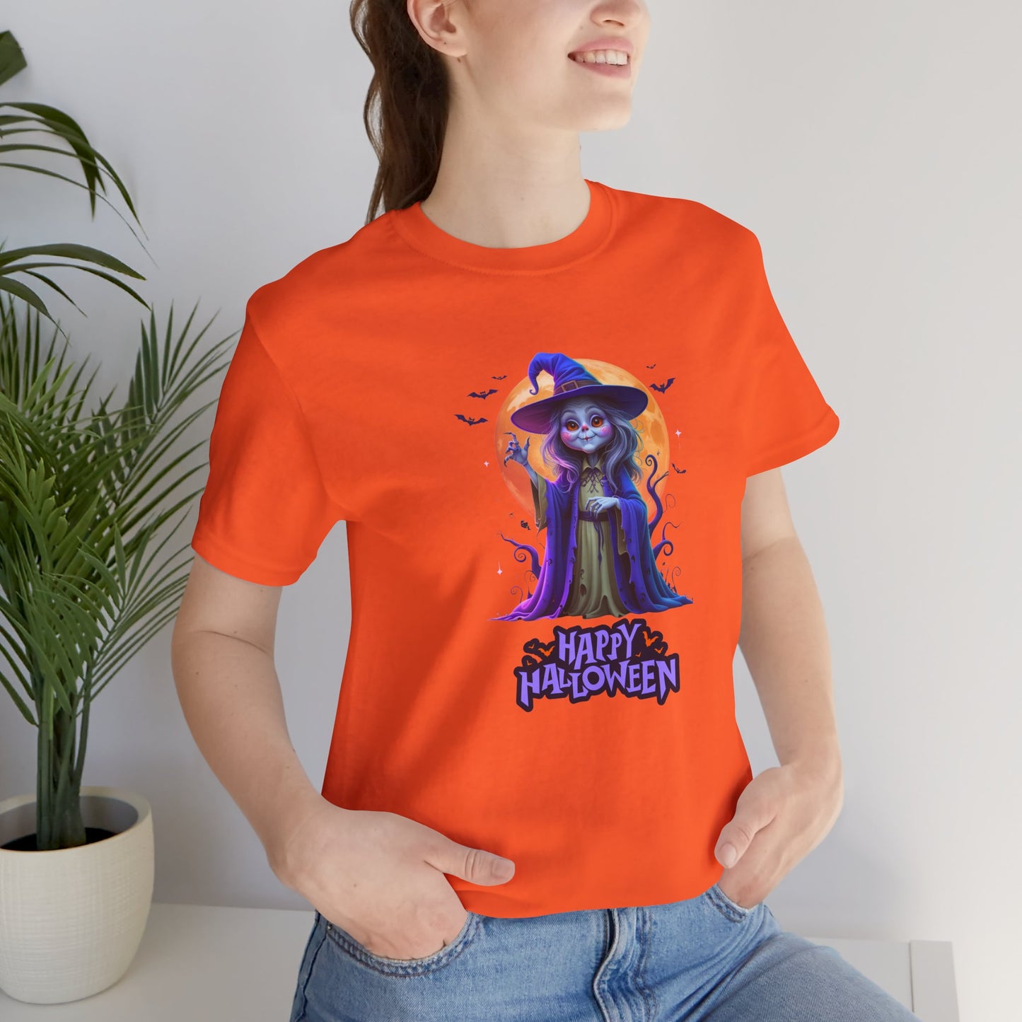 Happy Halloween Witch Shirt – Spooky Full Moon Graphic Tee – Bella Canvas 3001 – Unisex Halloween T-Shirt for Women Men