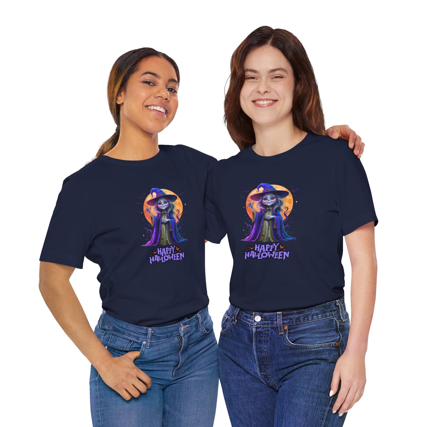 Happy Halloween Witch Shirt – Spooky Full Moon Graphic Tee – Bella Canvas 3001 – Unisex Halloween T-Shirt for Women Men