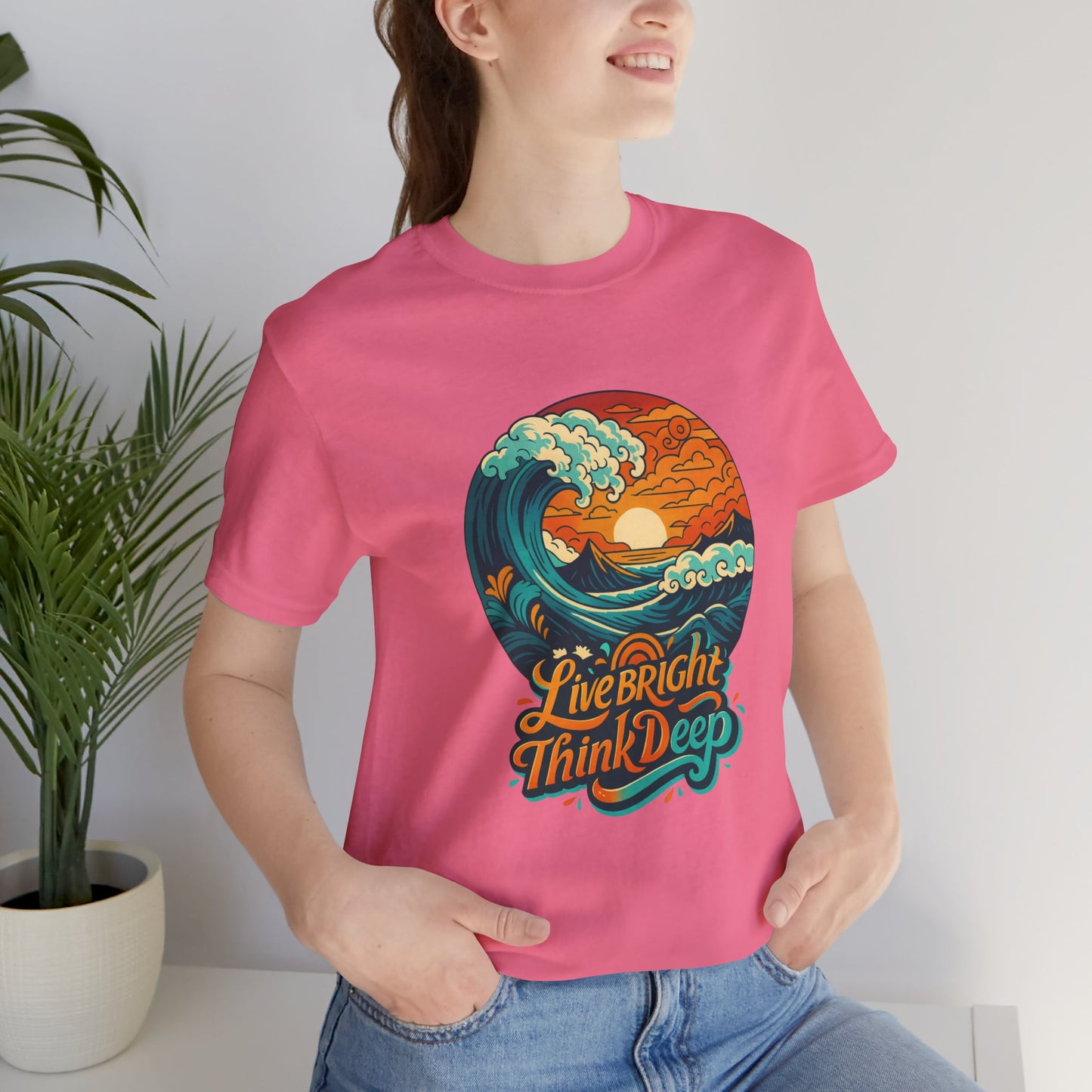 Retro Ocean Wave Sunset T-Shirt, Inspirational Typography Tee, Unisex Graphic Top, Gift for Men & Women, Live Bright Think Deep Shirt