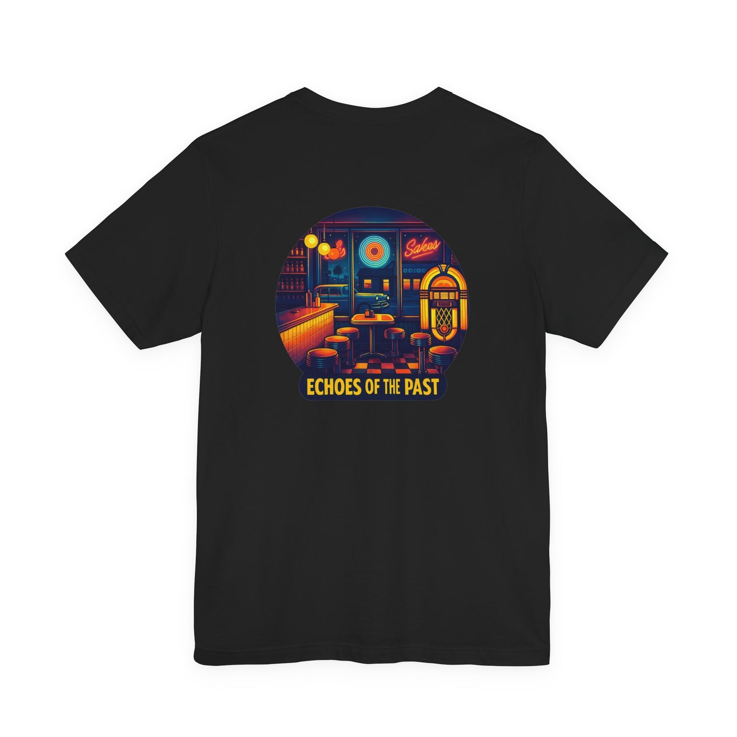 Echoes of the Past Retro Diner T-Shirt – Bella Canvas 3001 Unisex Vintage 80s Jukebox Neon Graphic Tee