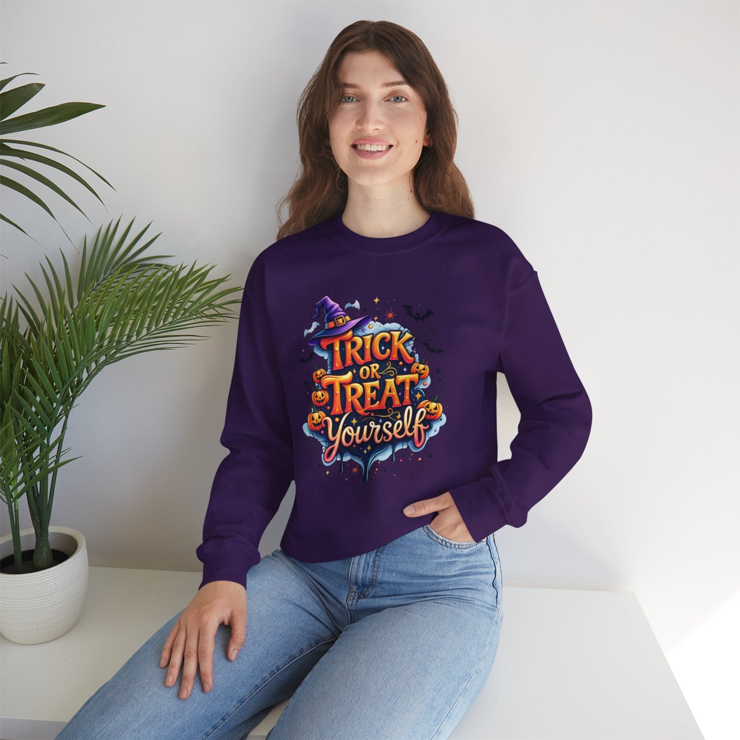 ''Trick or Treat Yourself'' Halloween Sweatshirt – Unisex Cozy Crewneck, Spooky Pumpkin & Witch Hat Graphic, Fall Aesthetic Pullover