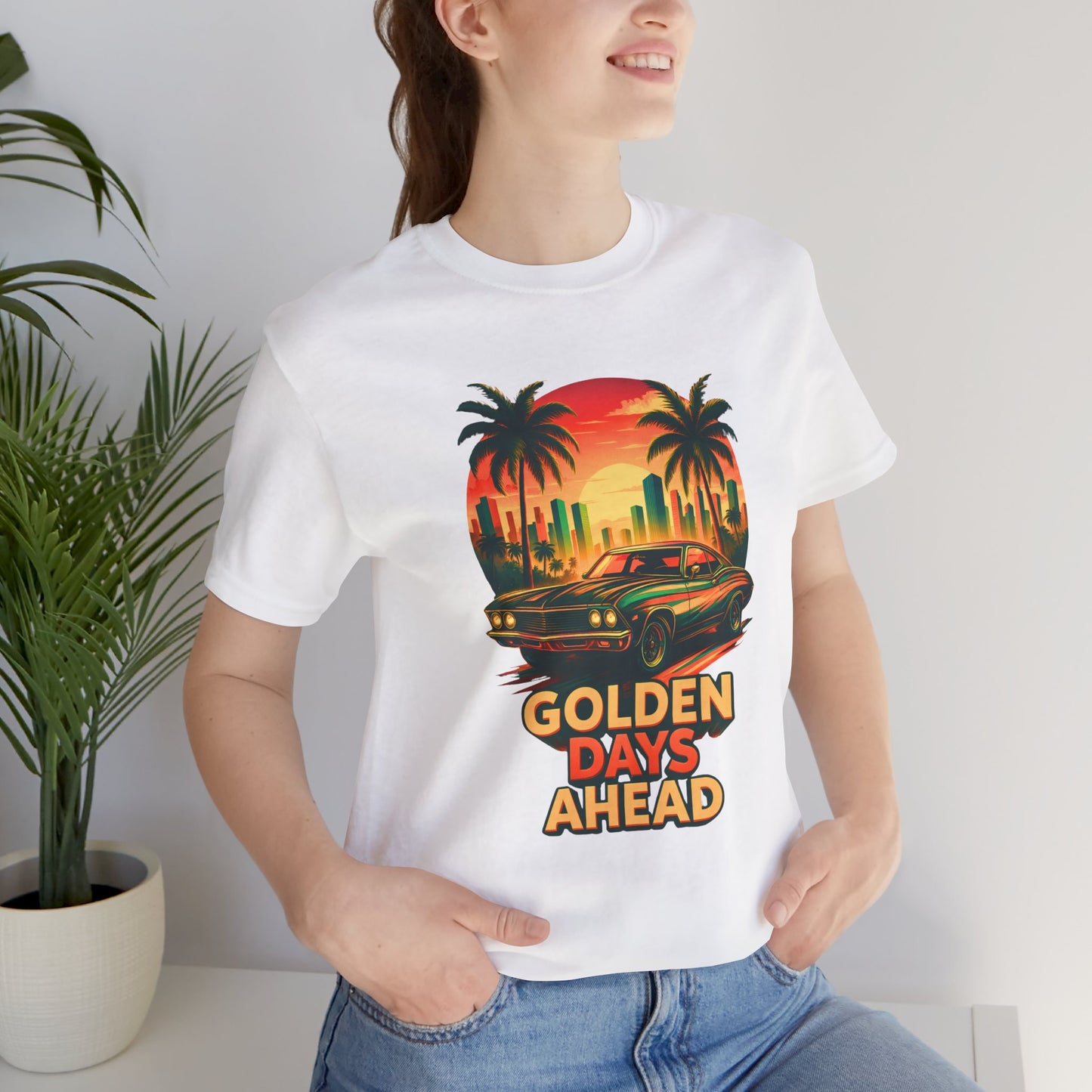 Retro Sunset Muscle Car T-Shirt, Vintage Skyline Graphic Tee, Unisex Jersey Tee, Golden Days Ahead Shirt, Bella Canvas 3001
