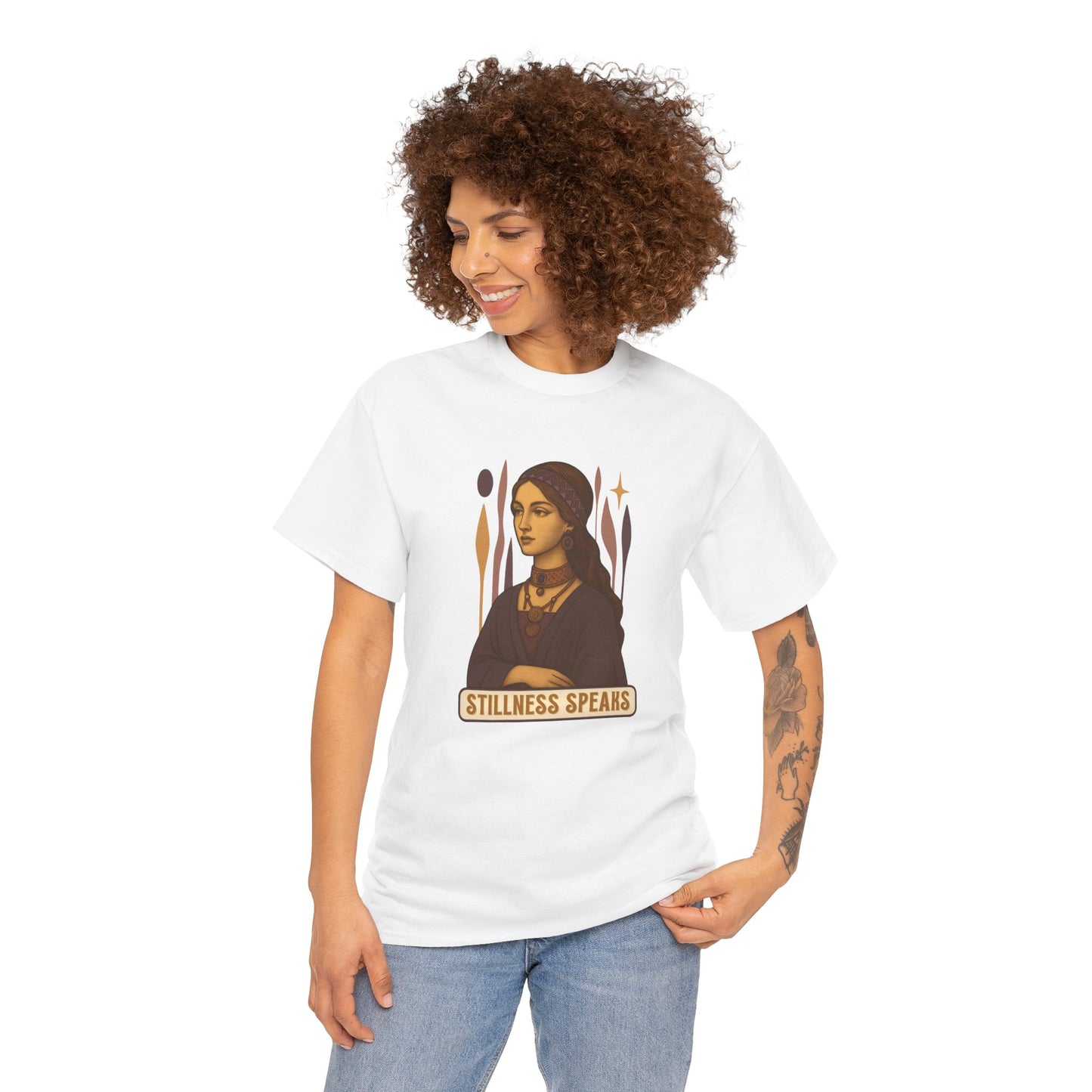 Vintage Mystic Woman Stillness Speaks T-Shirt, Retro Boho Aesthetic Top, Spiritual Graphic Tee, Mindfulness Yoga Gift, Unisex Heavy Cotton