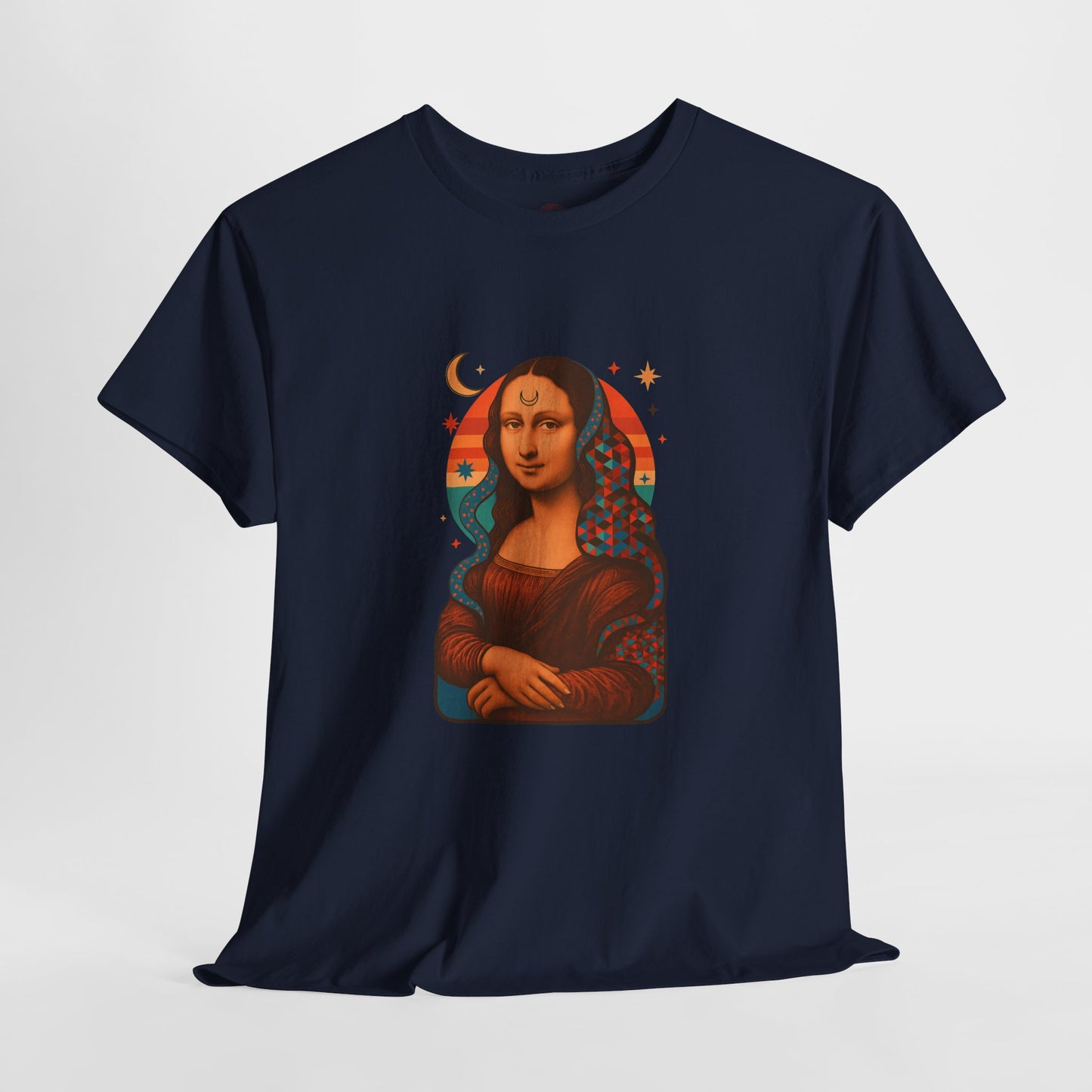 Psychedelic Mona Lisa Gildan 5000 Shirt - Trippy Retro Art Graphic Tee, Colorful Geometric Celestial Design, Vintage Aesthetic T-Shirt