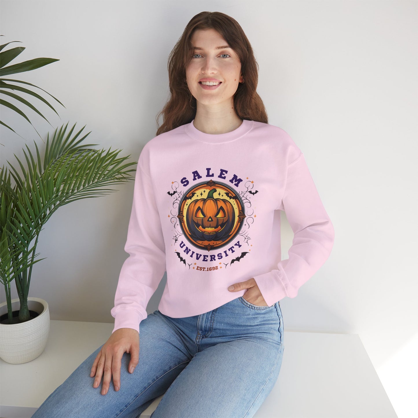 Unisex Salem University Halloween Sweatshirt – Pumpkin Jack-O’-Lantern Graphic Crewneck, Spooky Fall Aesthetic Pullover