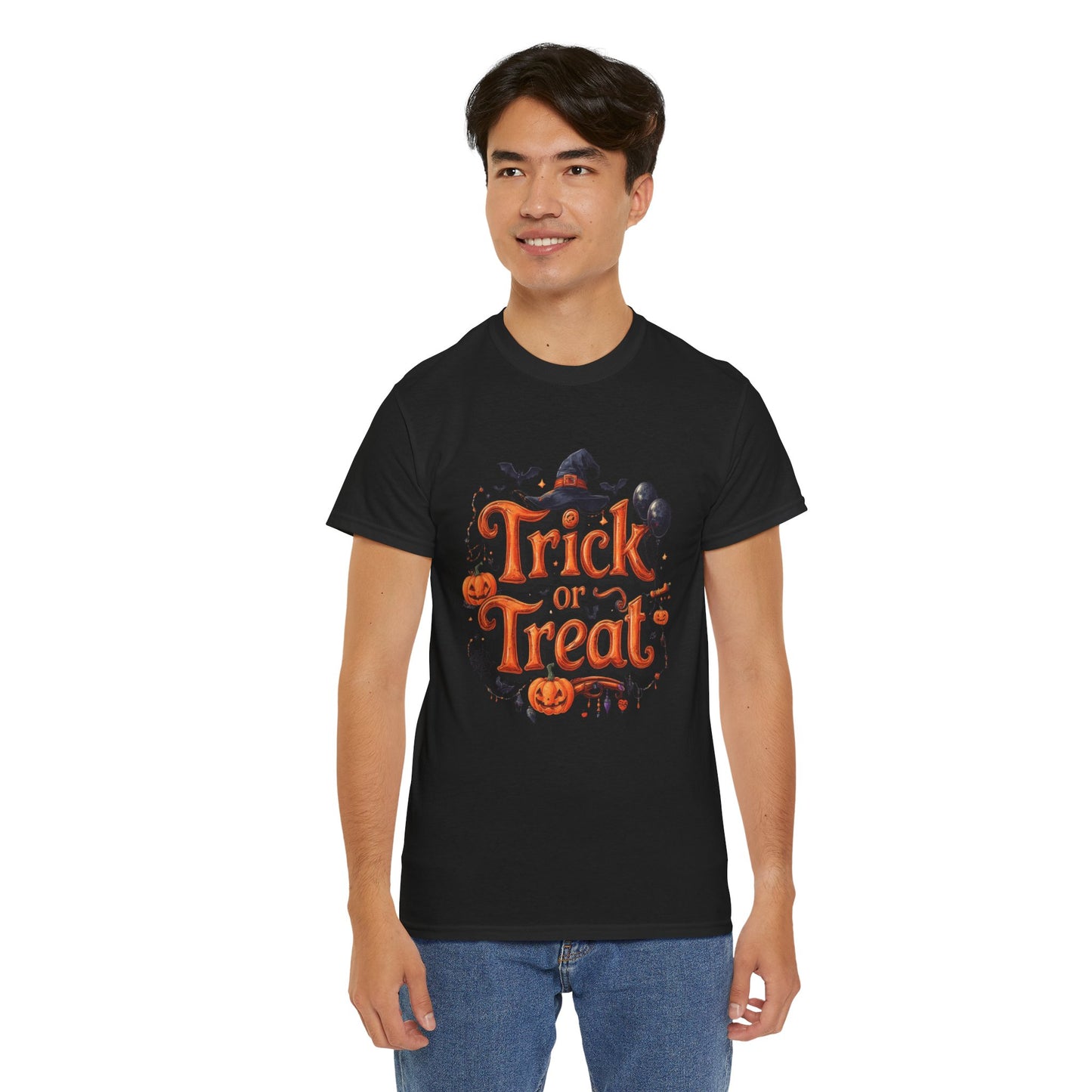 Trick or Treat Halloween Shirt | Spooky Pumpkin Witch Hat Graphic Tee | Funny Unisex Costume T-Shirt | Cute Halloween Party Top