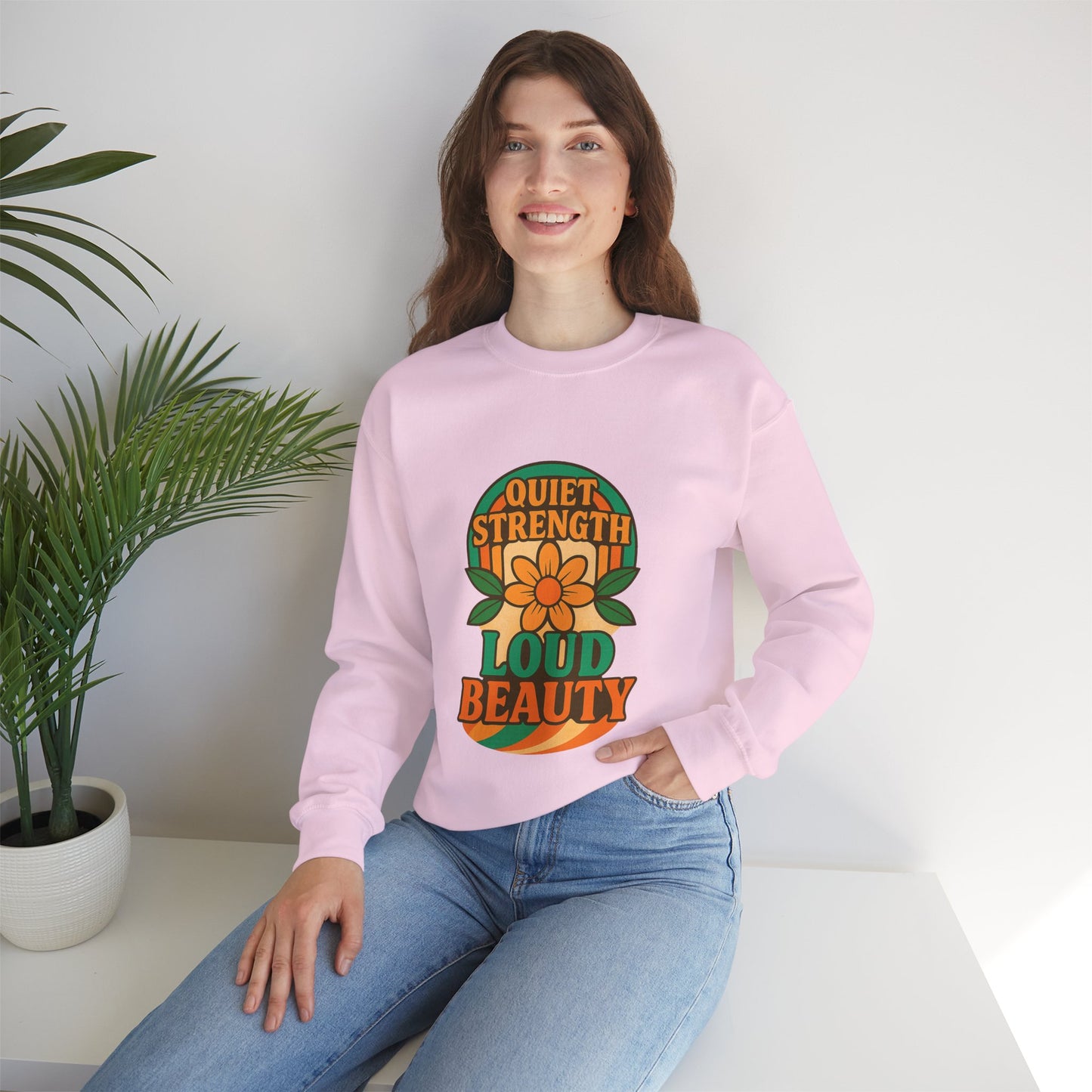 Retro Flower Sweatshirt, 70s Vintage Boho Crewneck, Positive Affirmation Graphic Pullover, Women Men Shirt, Gildan 18000, Quiet Strength