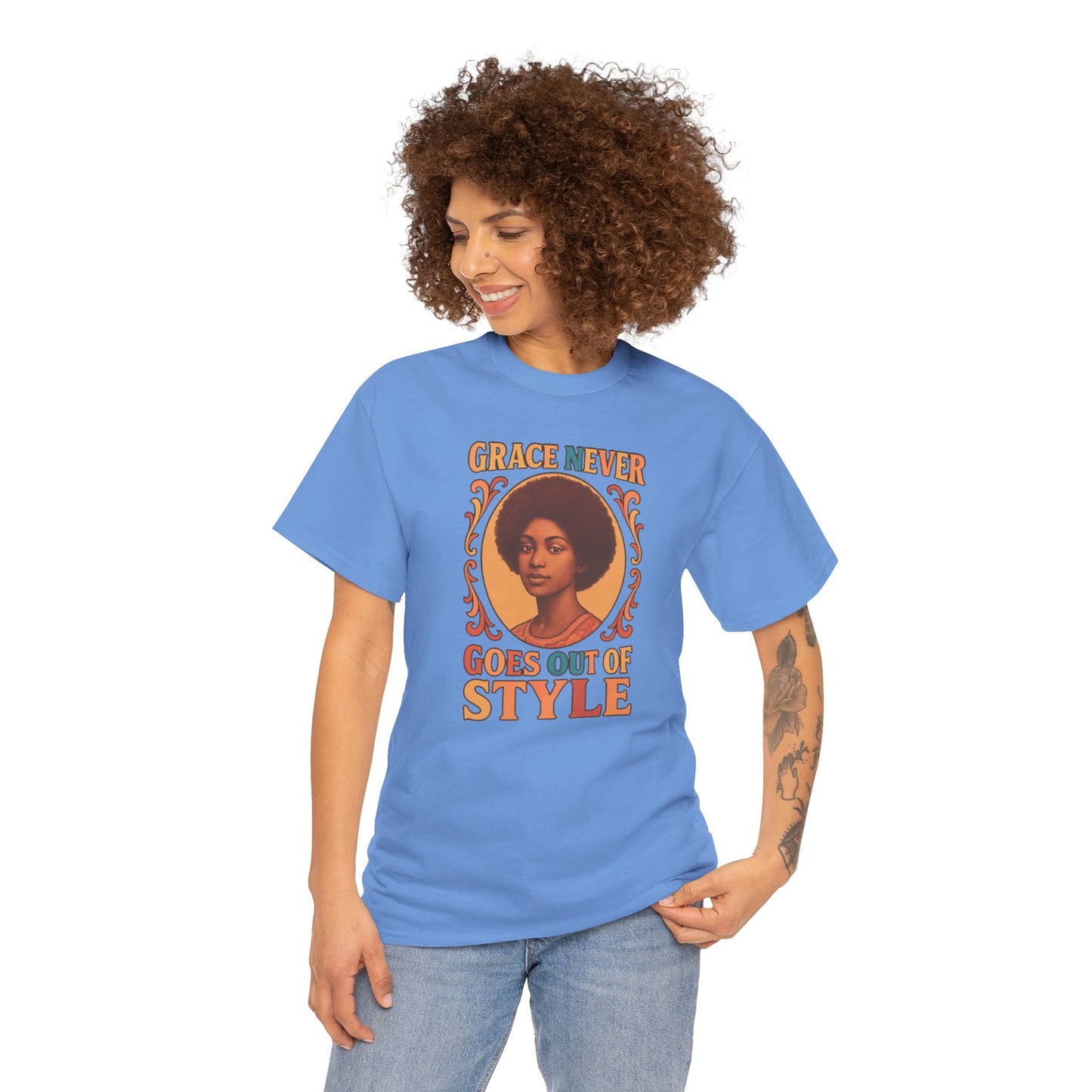 Grace Never Goes Out of Style Gildan 5000 Shirt - Retro Afro Woman Graphic Tee, Vintage 70s Aesthetic T-Shirt, Quote Top