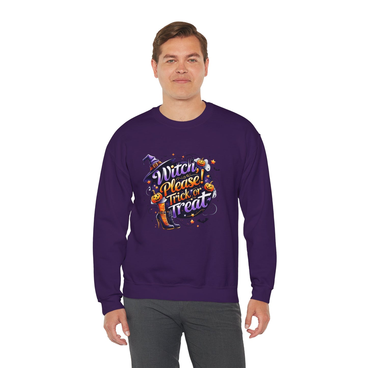 Halloween Sweatshirt – "Witch Please, Trick or Treat" – Funny Witch Hat & Pumpkins Graphic – Cozy Unisex Crewneck Pullover