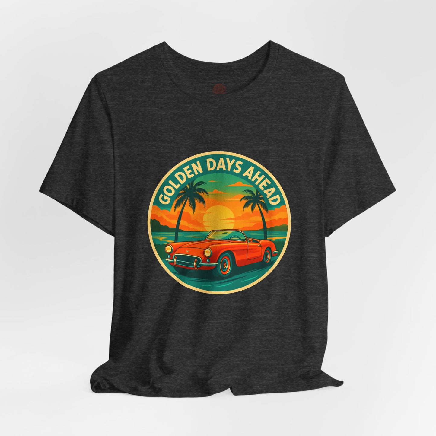 Golden Days Ahead Retro Convertible T-Shirt, Vintage Classic Car Graphic Tee, Sunset Beach Palm Trees - Unisex Jersey Short Sleeve Tee,
