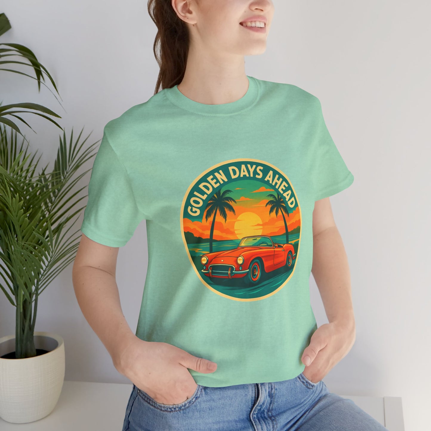 Golden Days Ahead Retro Convertible T-Shirt, Vintage Classic Car Graphic Tee, Sunset Beach Palm Trees - Unisex Jersey Short Sleeve Tee,