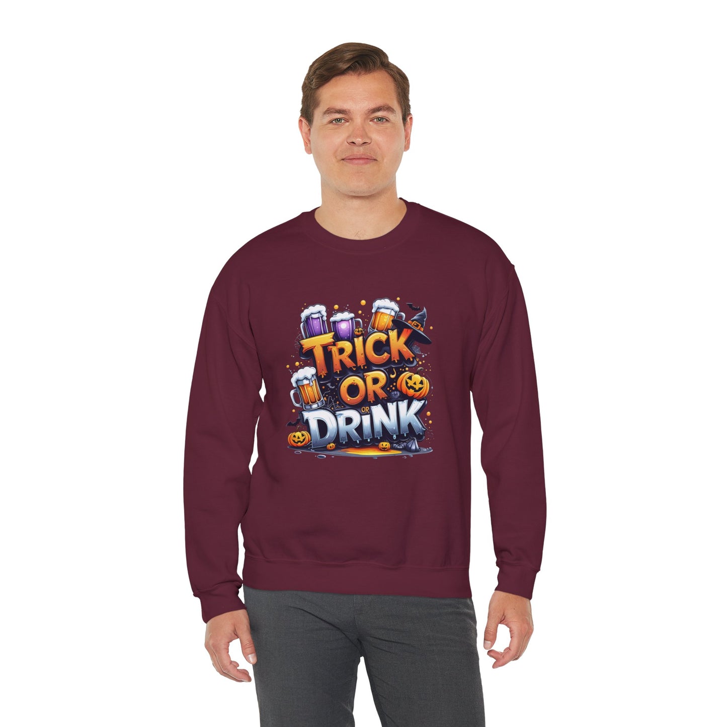 "Trick or Drink Halloween Sweatshirt – Unisex Cozy Crewneck, Spooky Season Fall Outfit, Funny Party Gift"
