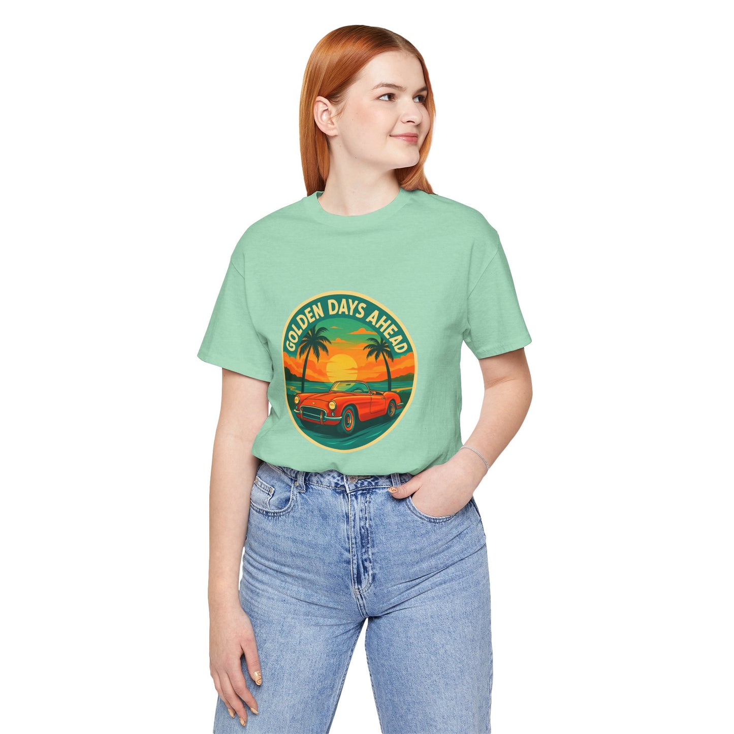 Golden Days Ahead Retro Convertible T-Shirt, Vintage Classic Car Graphic Tee, Sunset Beach Palm Trees - Unisex Jersey Short Sleeve Tee,