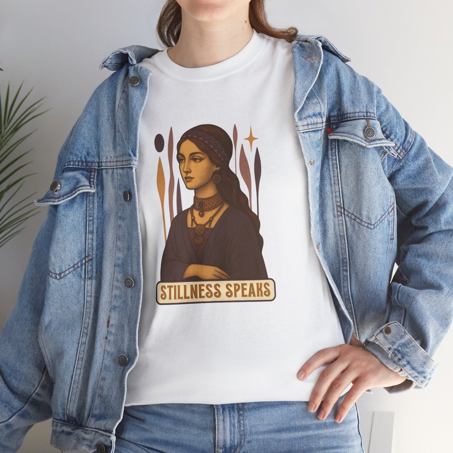 Vintage Mystic Woman Stillness Speaks T-Shirt, Retro Boho Aesthetic Top, Spiritual Graphic Tee, Mindfulness Yoga Gift, Unisex Heavy Cotton