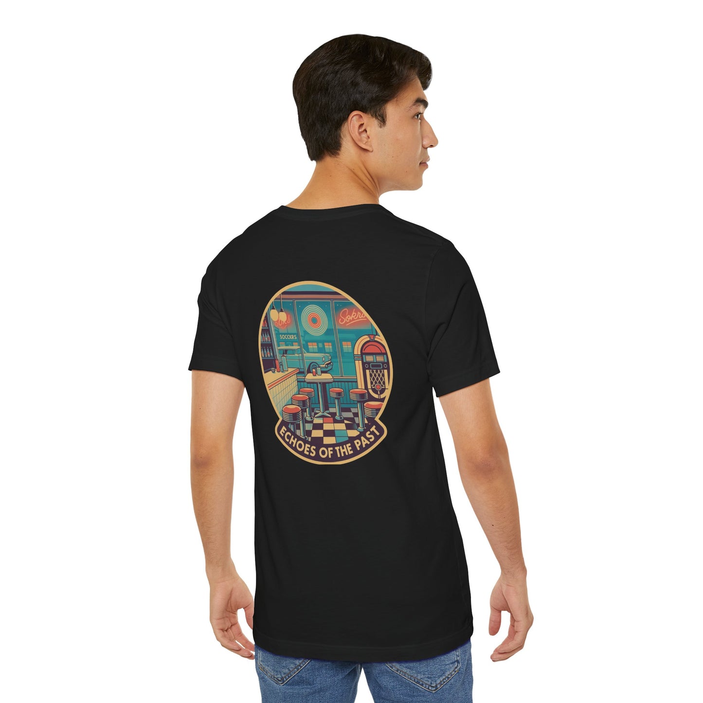 Echoes of the Past Retro Diner T-Shirt – Bella Canvas 3001 Unisex Vintage 80s Jukebox Neon Graphic Tee