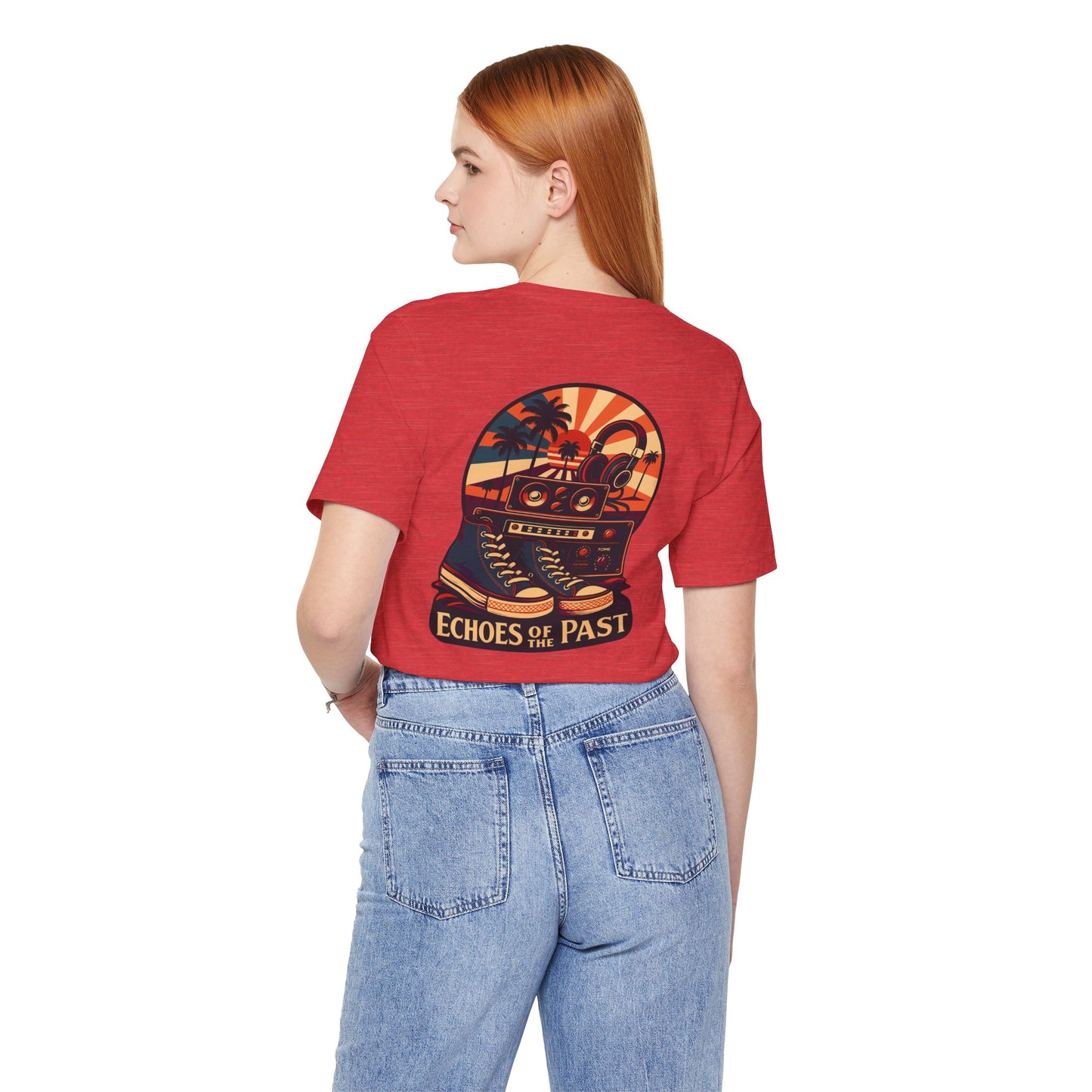 Echoes of the Past Retro Sunset T-Shirt – Bella Canvas 3001 Unisex Vintage 80s Palm Tree Music Graphic Tee