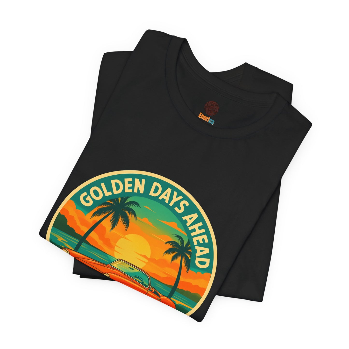 Golden Days Ahead Retro Convertible T-Shirt, Vintage Classic Car Graphic Tee, Sunset Beach Palm Trees - Unisex Jersey Short Sleeve Tee,