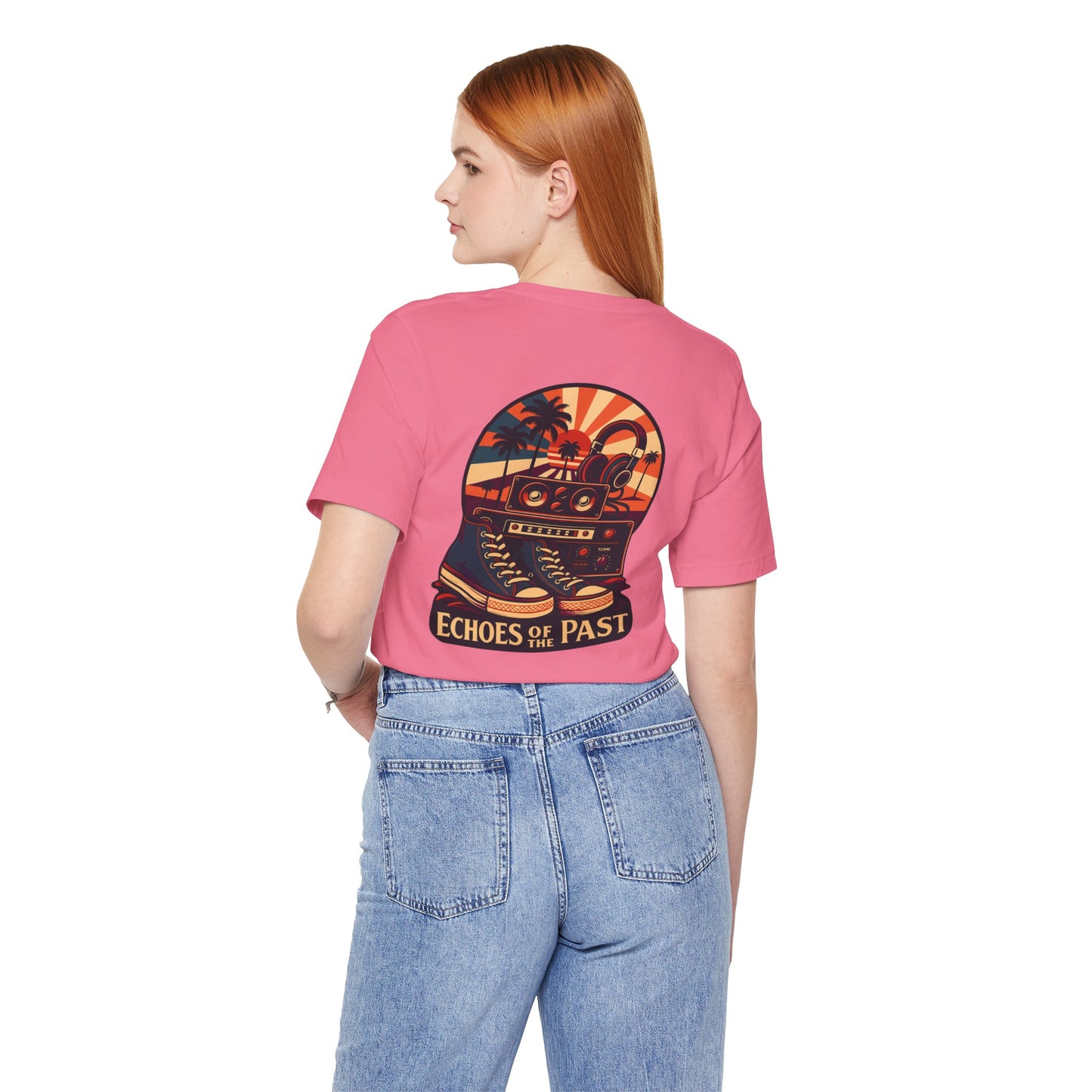 Echoes of the Past Retro Sunset T-Shirt – Bella Canvas 3001 Unisex Vintage 80s Palm Tree Music Graphic Tee