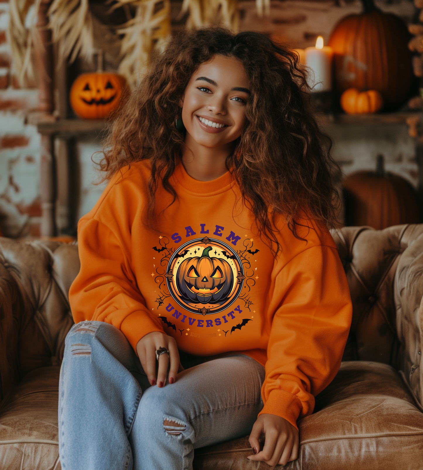 Unisex Salem University Halloween Sweatshirt – Pumpkin Jack-O’-Lantern Graphic Crewneck, Spooky Fall Aesthetic Pullover