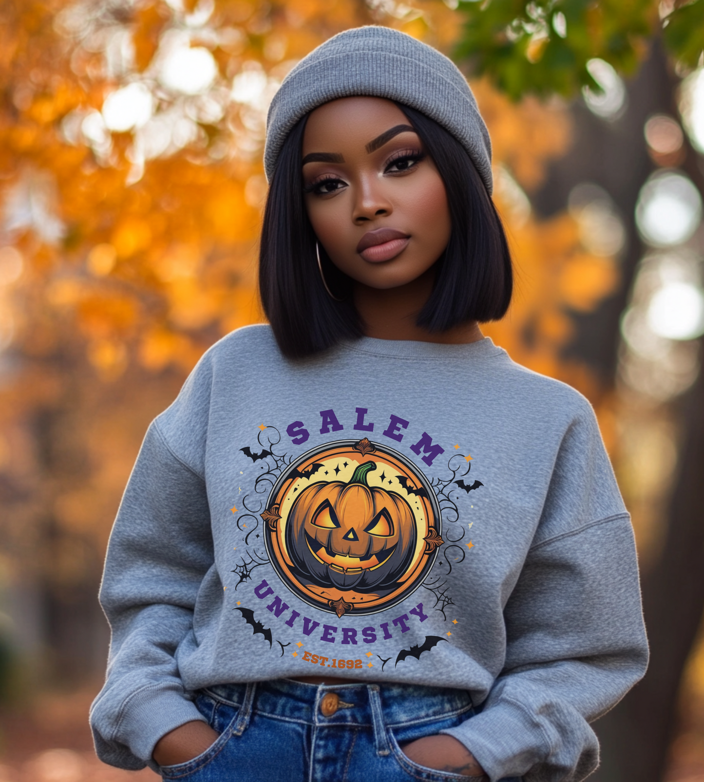 Unisex Salem University Halloween Sweatshirt – Pumpkin Jack-O’-Lantern Graphic Crewneck, Spooky Fall Aesthetic Pullover