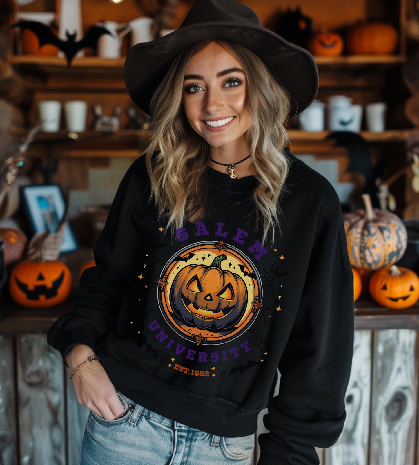 Unisex Salem University Halloween Sweatshirt – Pumpkin Jack-O’-Lantern Graphic Crewneck, Spooky Fall Aesthetic Pullover