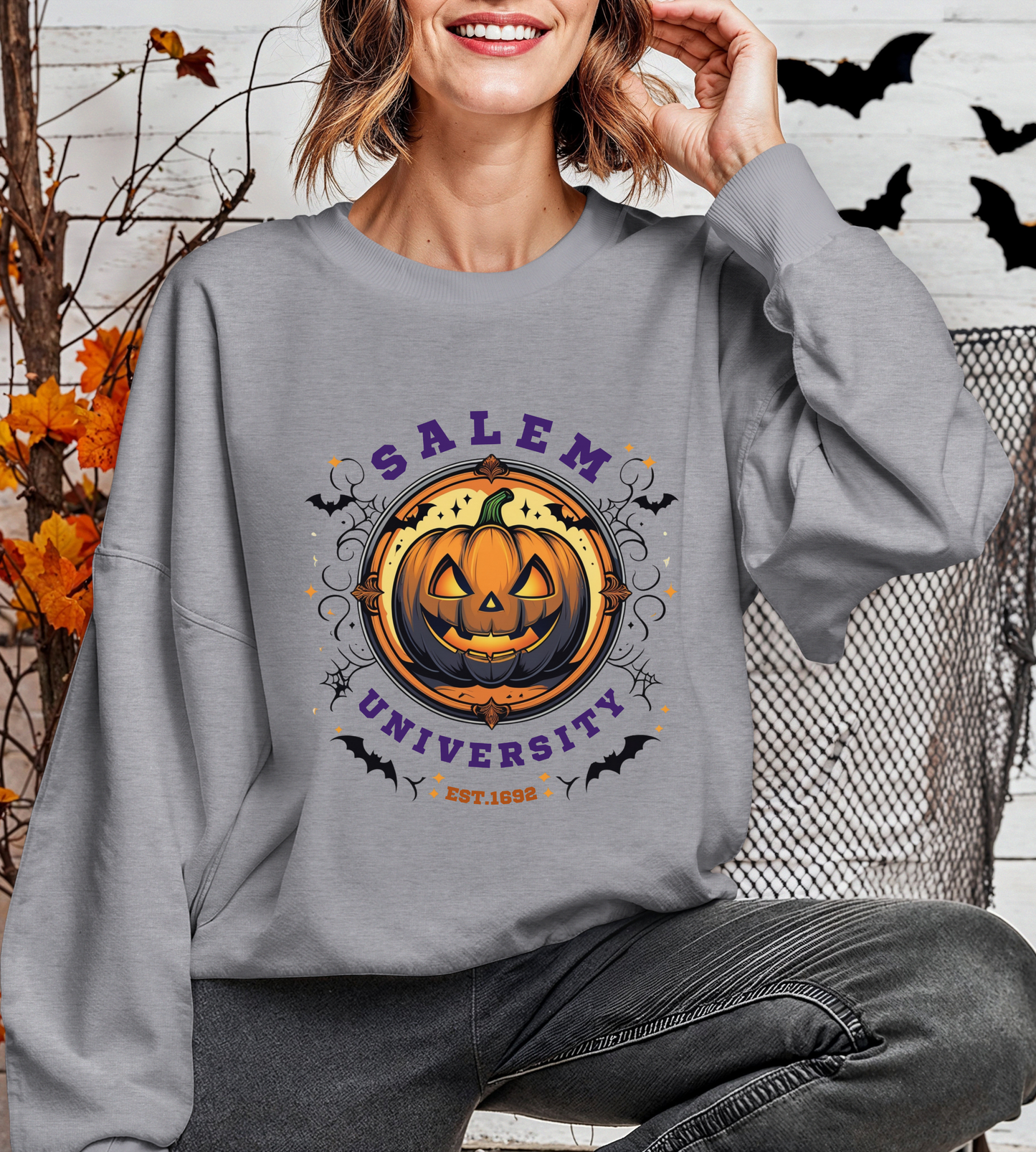 Unisex Salem University Halloween Sweatshirt – Pumpkin Jack-O’-Lantern Graphic Crewneck, Spooky Fall Aesthetic Pullover